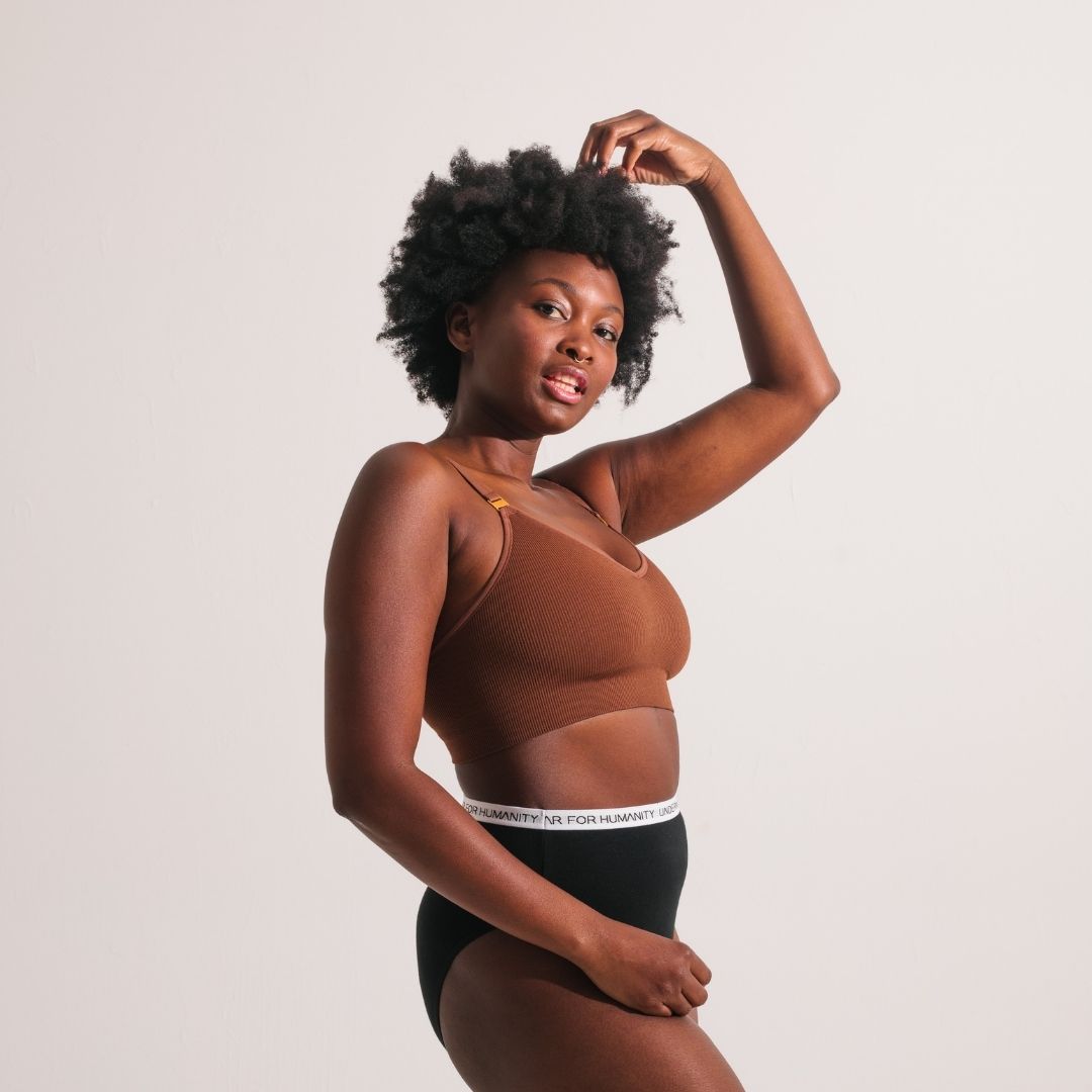 Sustainable, ethically produced Nude 5- medium dark skin tone wireless bra by Underwear for Humanity. A -D cup sizes. Recycled materials, flexible, supportive. Knitted bra and band, adjustable straps. Models wear the A-D bra.
