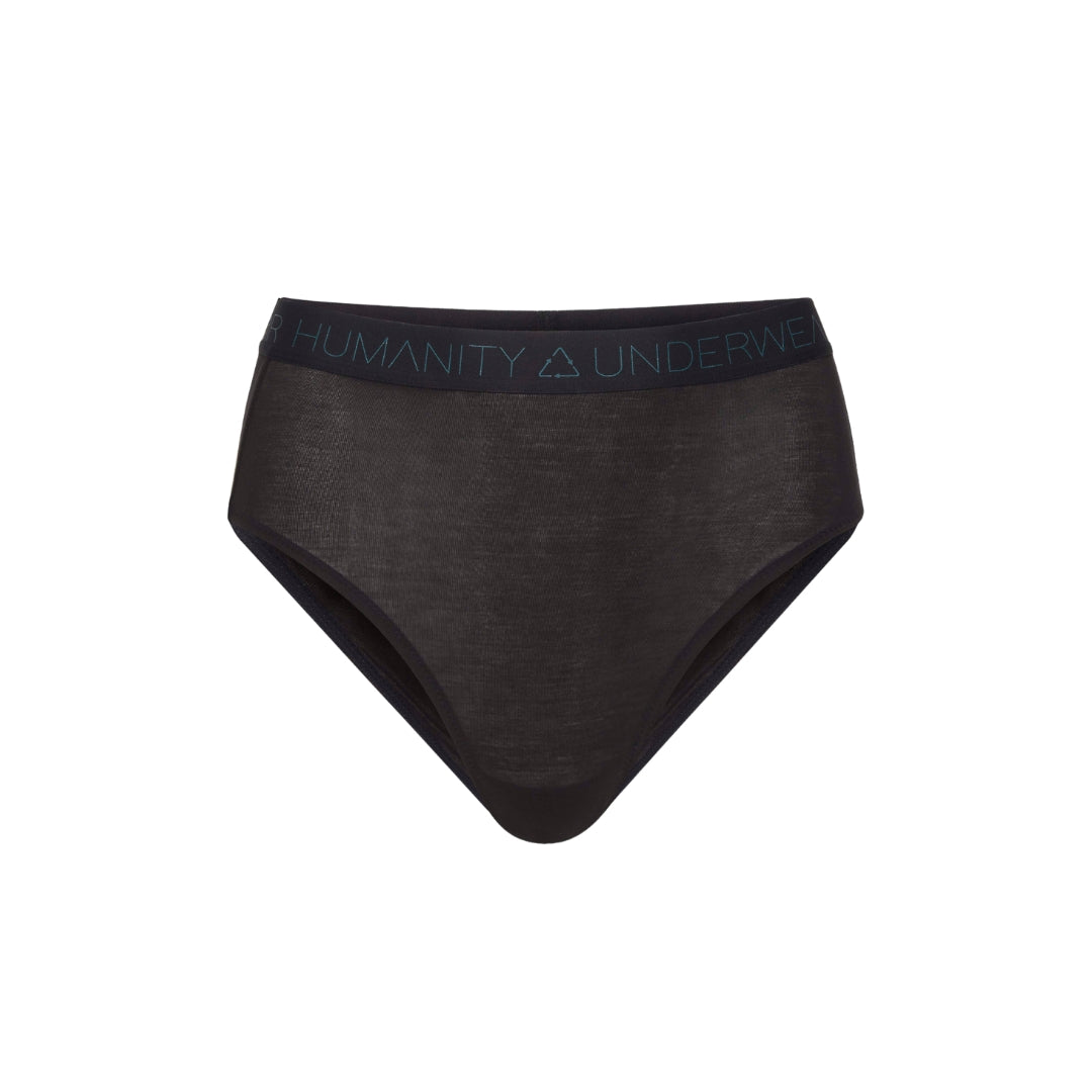 Sustainable black high waist brief by Underwear for Humanity: ethical, sustainable. sizes 6-30 light, breathable. Models wear high-waisted underwear. underwear sits high on the waist, full seat coverage. smooth under clothing. made from Tencel and recycled materials, attached no-dig recycled elastic waist band.