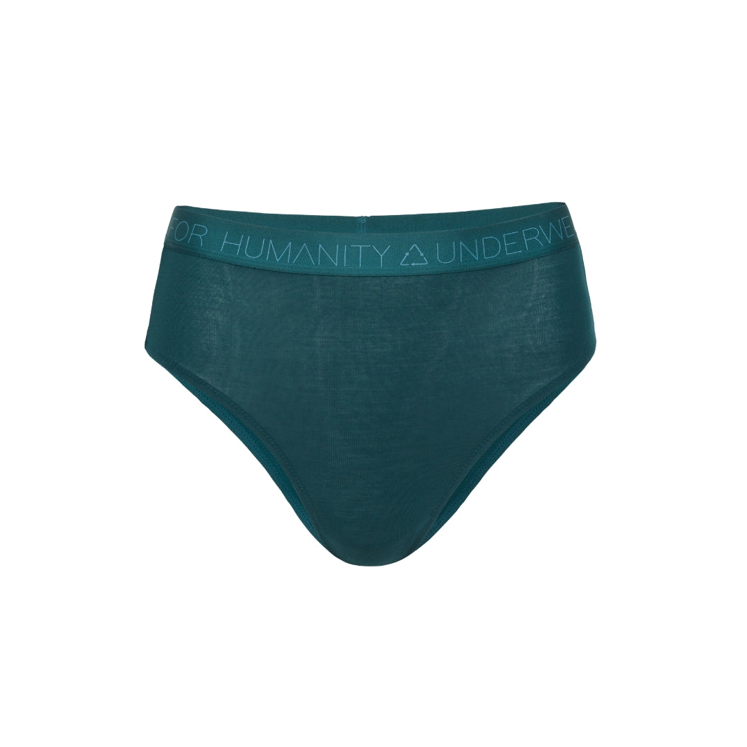 Sustainable atlantis high waist brief by Underwear for Humanity: ethical, sustainable. sizes 6-30 light, breathable. Models wear high-waisted underwear. underwear sits high on the waist, full seat coverage. smooth under clothing. made from Tencel and recycled materials, attached no-dig recycled elastic waist band.