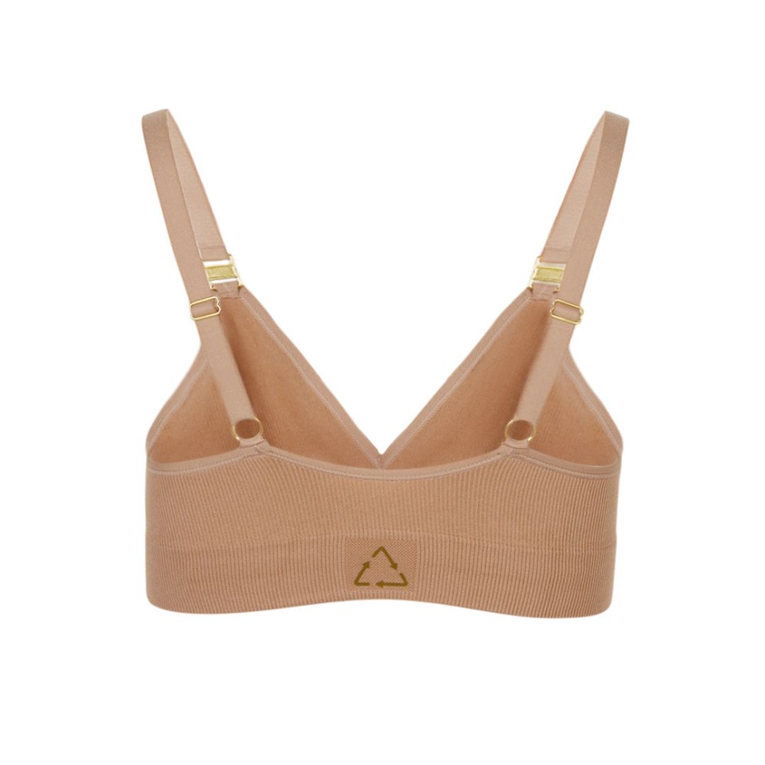 Sustainable, ethically produced COLOUR wireless bra by Underwear for Humanity. A -D cup sizes. Recycled materials, flexible, supportive. Knitted bra and band, adjustable straps. back view of the A-D bra.