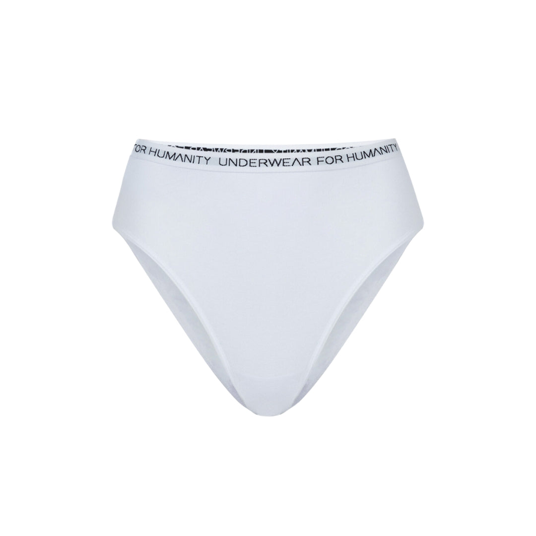 Underwear for Humanity, sustainable, organic and ethically made white cotton underwear. Soft , breathable, full coverage, sits high on waist. Model wears High waisted Cotton underwear in white with a white, recycled nylon elastic waist band.