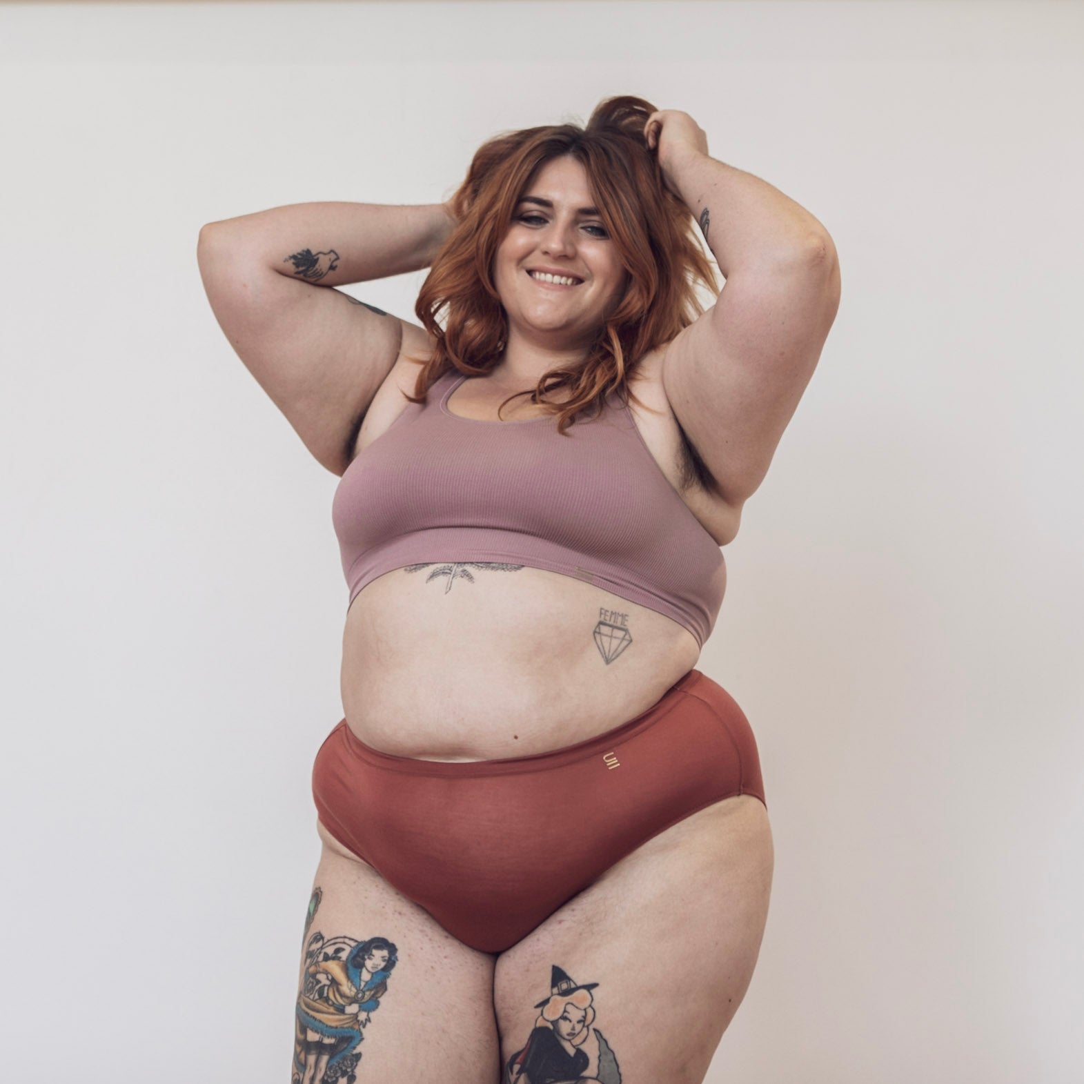 Sustainable clay high waist brief by Underwear for Humanity: ethical, sustainable. sizes 6-26. light, breathable. Models wear high-waisted underwear. underwear sits high on the waist, full seat coverage. smooth under clothing. made from Tencel and recycled materials