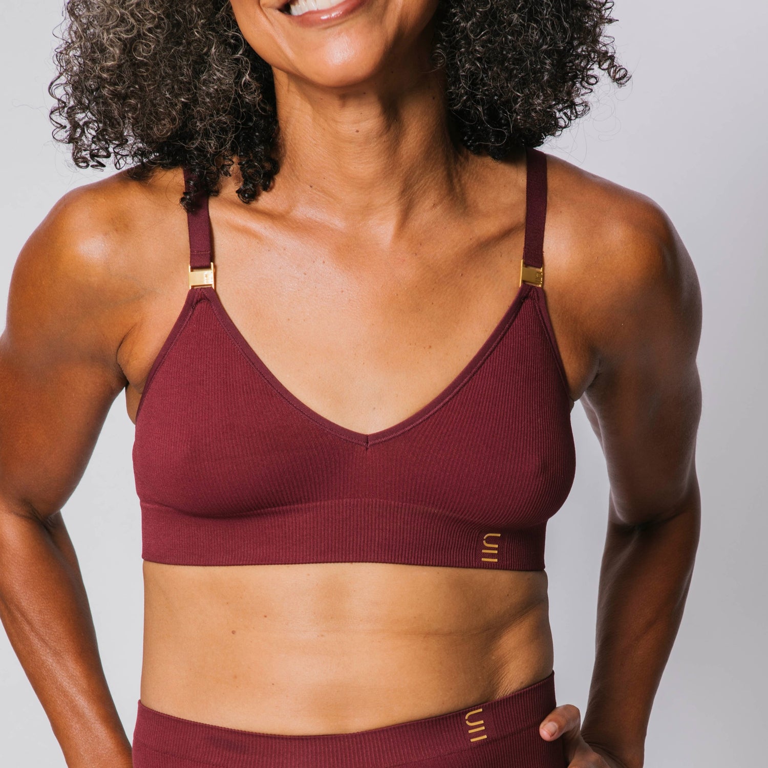 Sustainable, ethically produced Cranberry wireless bra by Underwear for Humanity. A -D cup sizes. Recycled materials, flexible, supportive. Knitted bra and band, adjustable straps. Models wear the A-D bra.