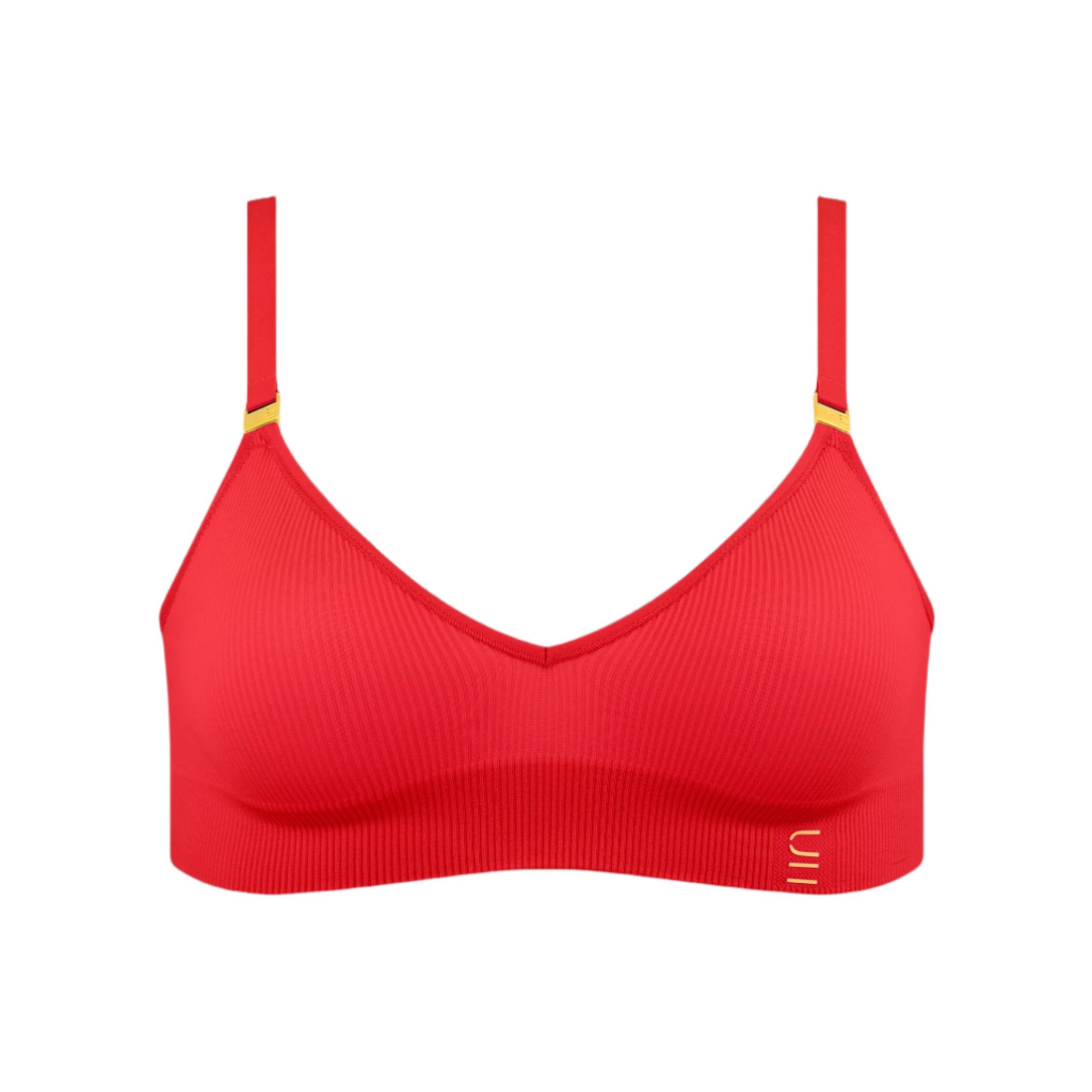 Sustainable, ethically produced flame wireless bra by Underwear for Humanity. A -D cup sizes. Recycled materials, flexible, supportive. Knitted bra and band, adjustable straps. Models wear the A-D bra.