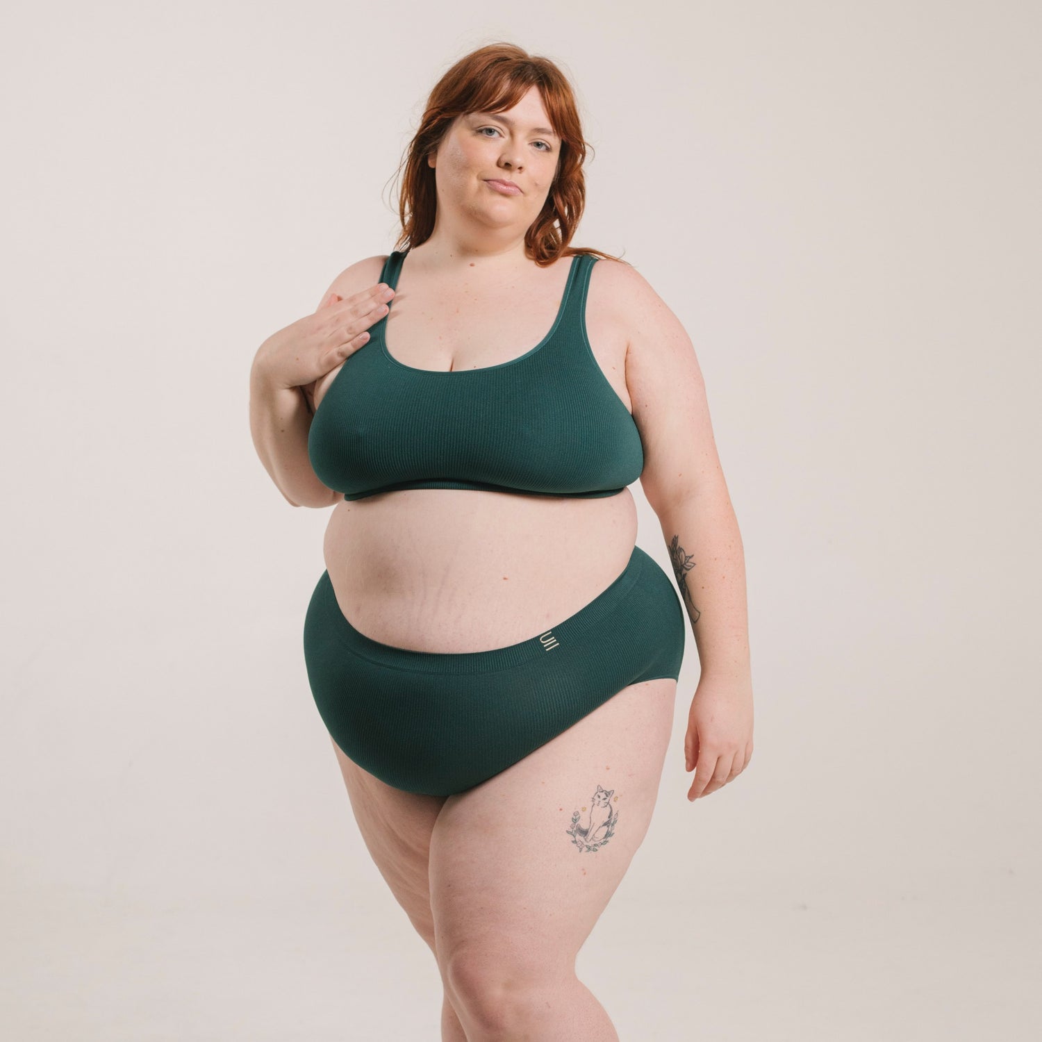 Sustainable, ethically produced atlantis bra crop by Underwear for Humanity: stronger support for larger bust, D - GG cup sizes. Recycled materials, knitted bra and band, seamfree, made from recycled nylon. Models wear the D+ Crop