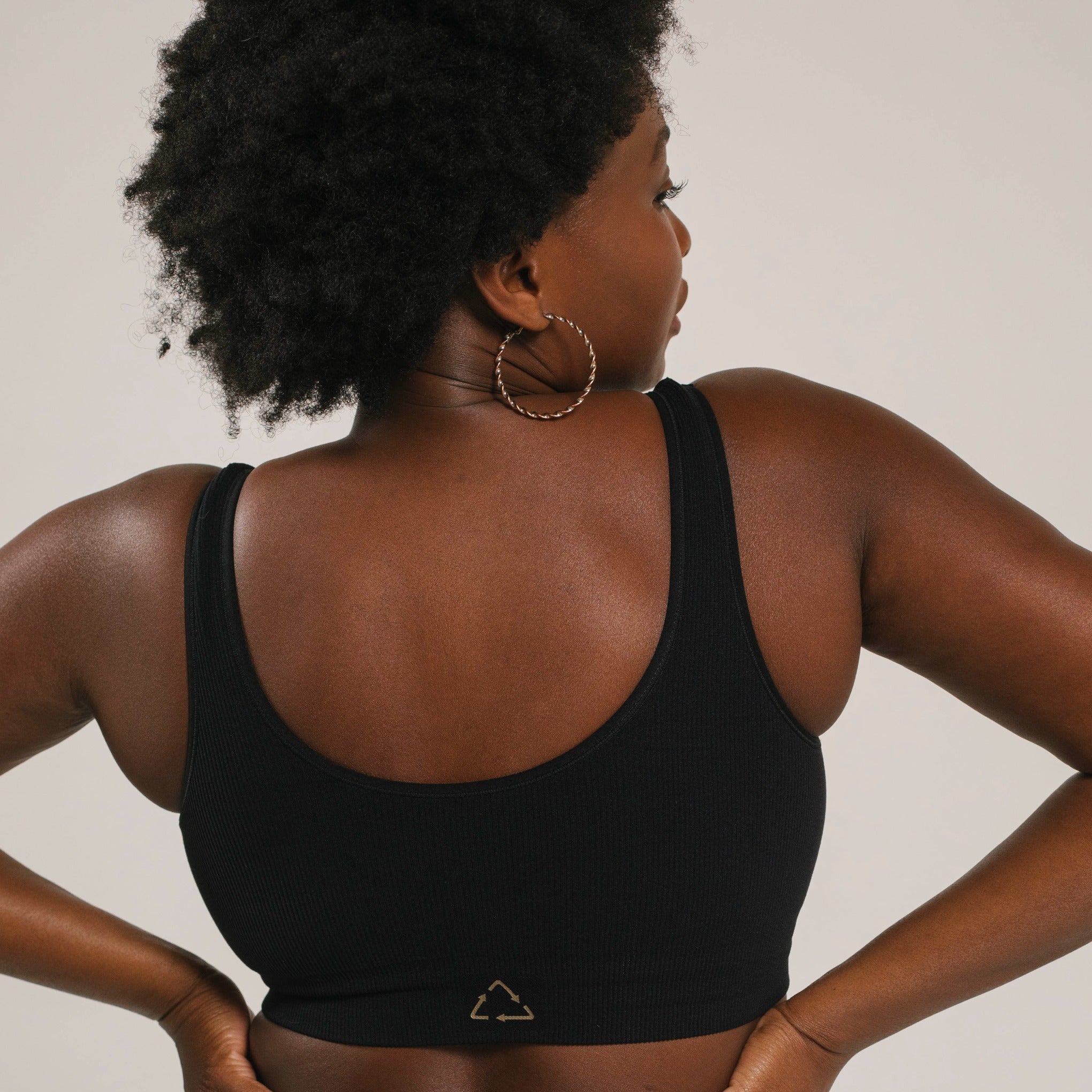Sustainable, ethically produced Black bra crop by Underwear for Humanity: stronger support for larger bust, D - GG cup sizes. Recycled materials, knitted bra and band, seamfree, made from recycled nylon. Models wear the D+ Crop