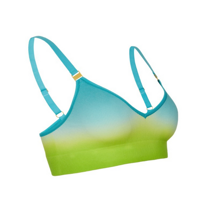 Sustainable, ethically produced OCEAN wireless bra by Underwear for Humanity. back view of the bra. A -D cup sizes. Recycled materials, flexible, supportive. Knitted bra and band, adjustable straps.