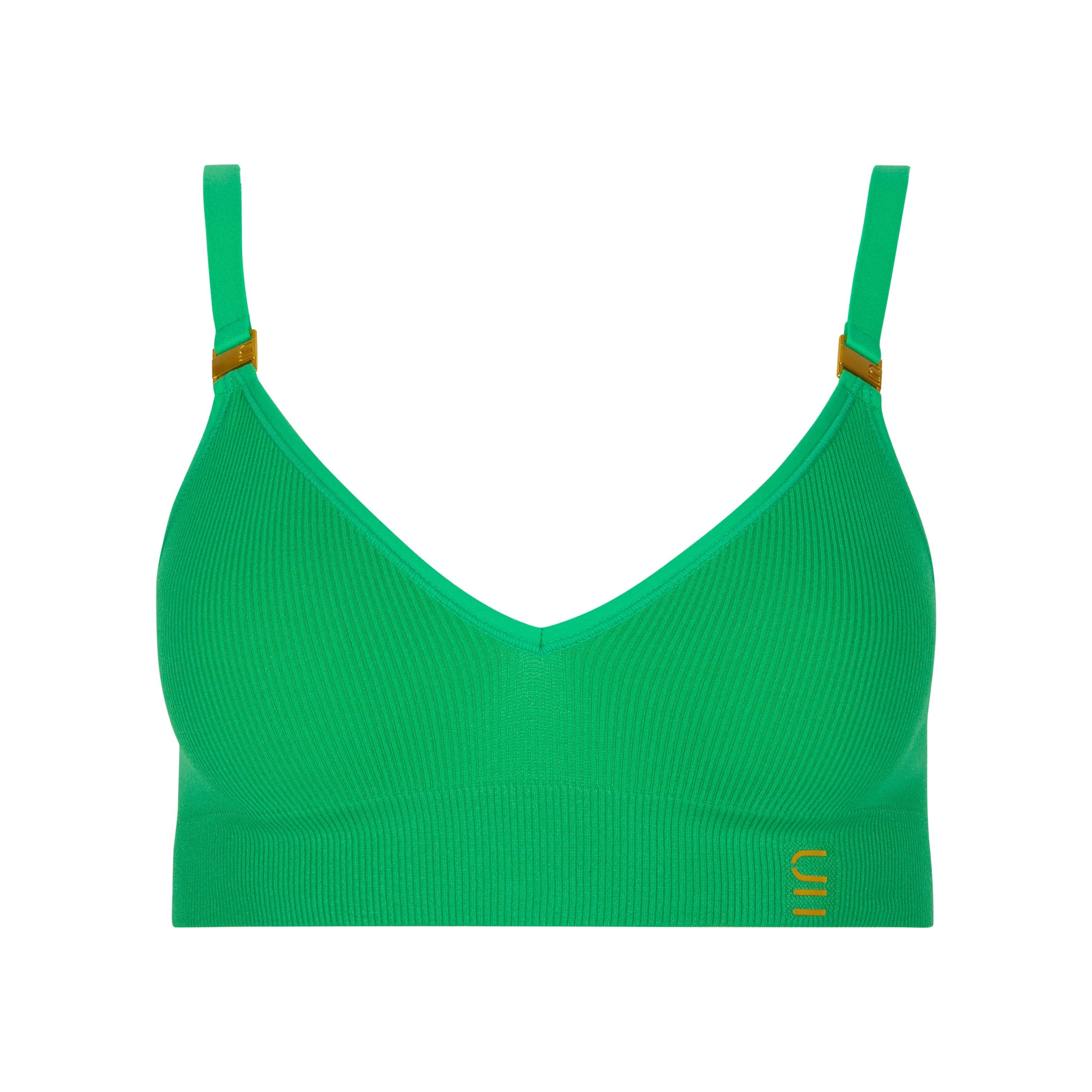 Sustainable, ethically produced apple wireless bra by Underwear for Humanity. A -D cup sizes. Recycled materials, flexible, supportive. Knitted bra and band, adjustable straps. Models wear the A-D bra.