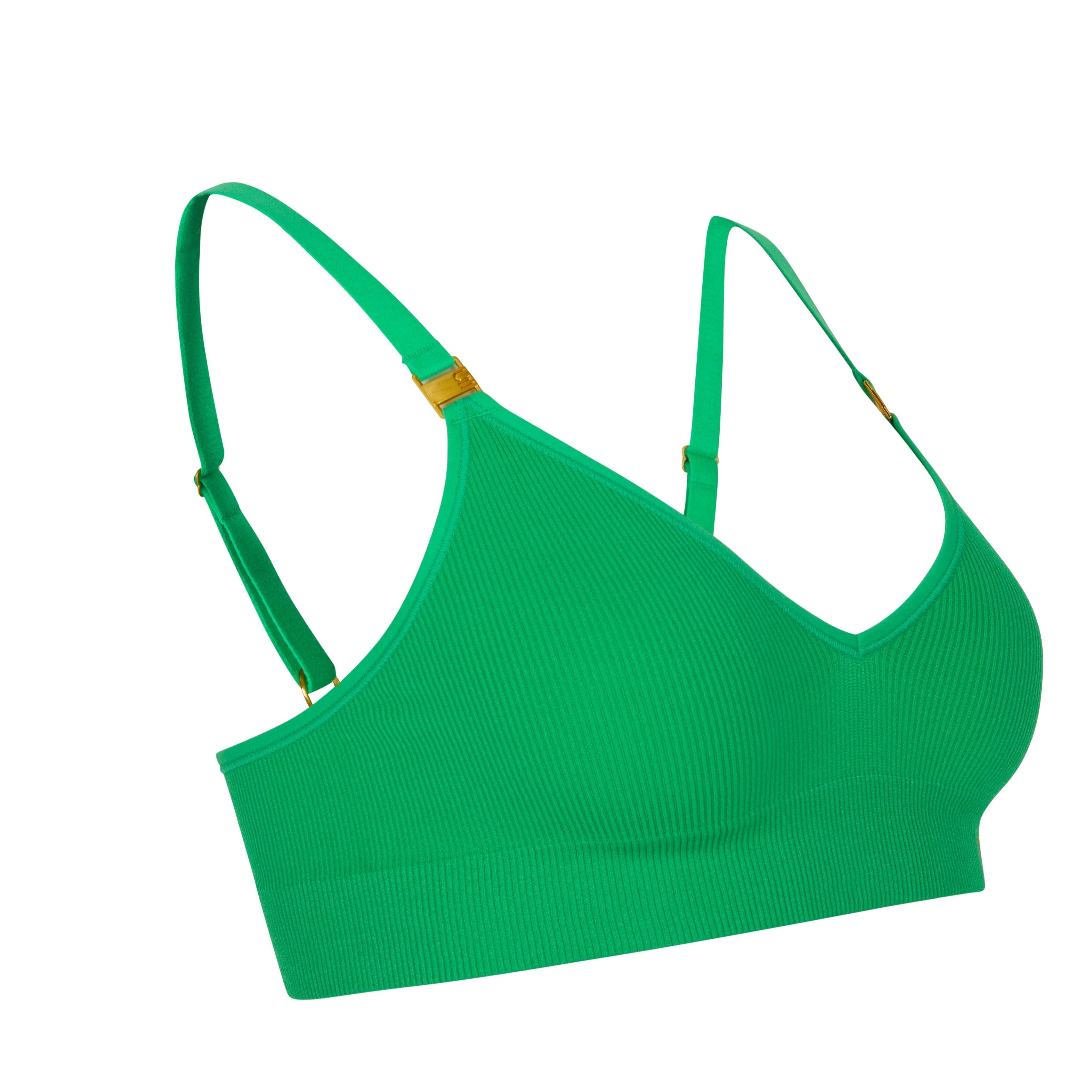 Sustainable, ethically produced apple wireless bra by Underwear for Humanity. A -D cup sizes. Recycled materials, flexible, supportive. Knitted bra and band, adjustable straps. Models wear the A-D bra.