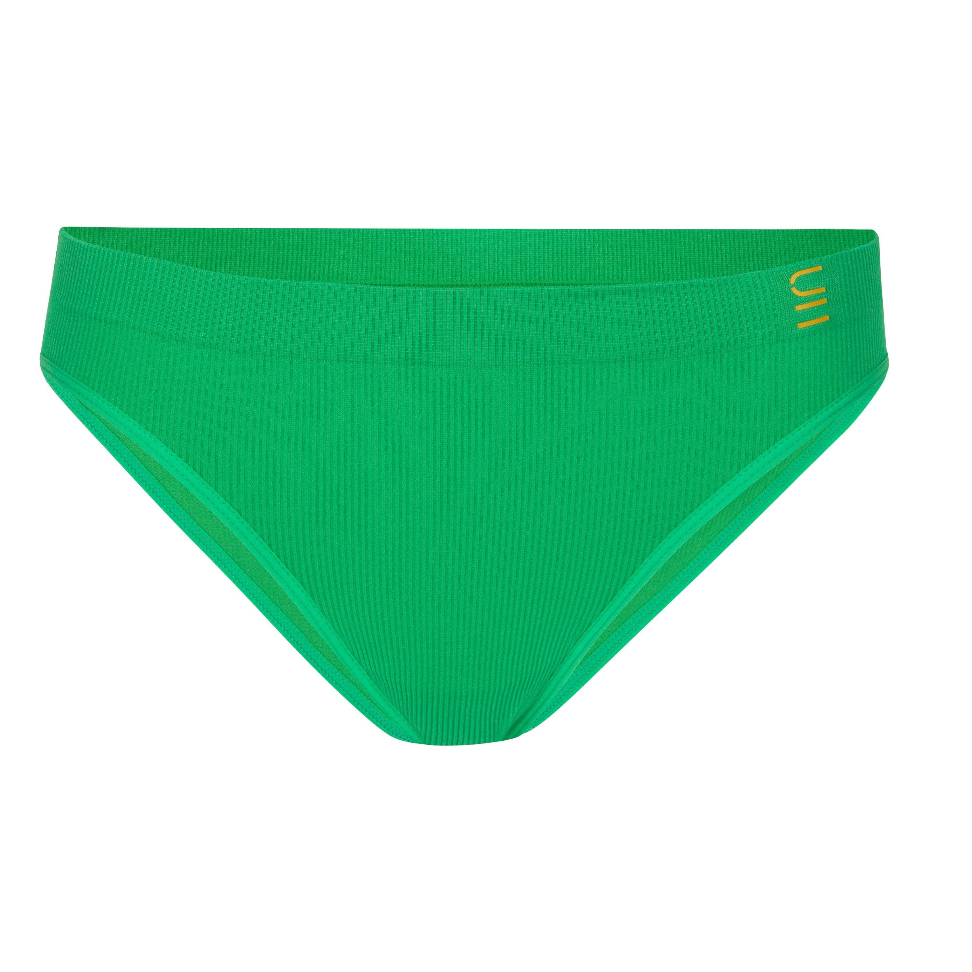 Ethically made recycled seam free apple bikini brief by Underwear for Humanity: Flexible and comfortable, stretches across sizes. Models wear bikini brief underwear. Underwear is made from recycled nylon and sits low on the waist, full seat coverage and smooth on the body.