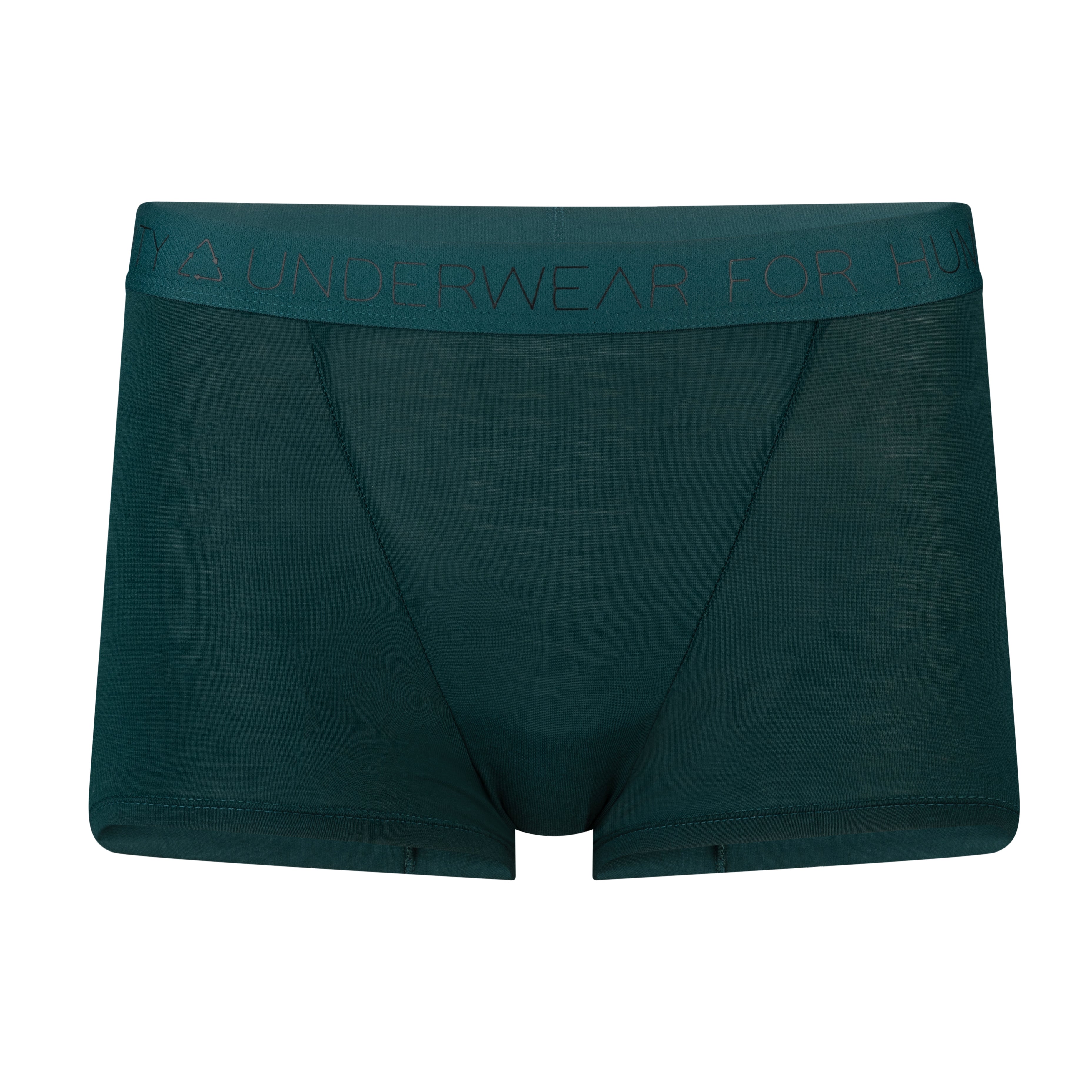 Sustainable, ethically produced atlantis shorts by Underwear for Humanity. Mid-rise, full coverage seat, thin, no-dig, elastic waist, short length sits higher on the leg. Made from sustainable tencel and recycled elastic. front view of shorts.