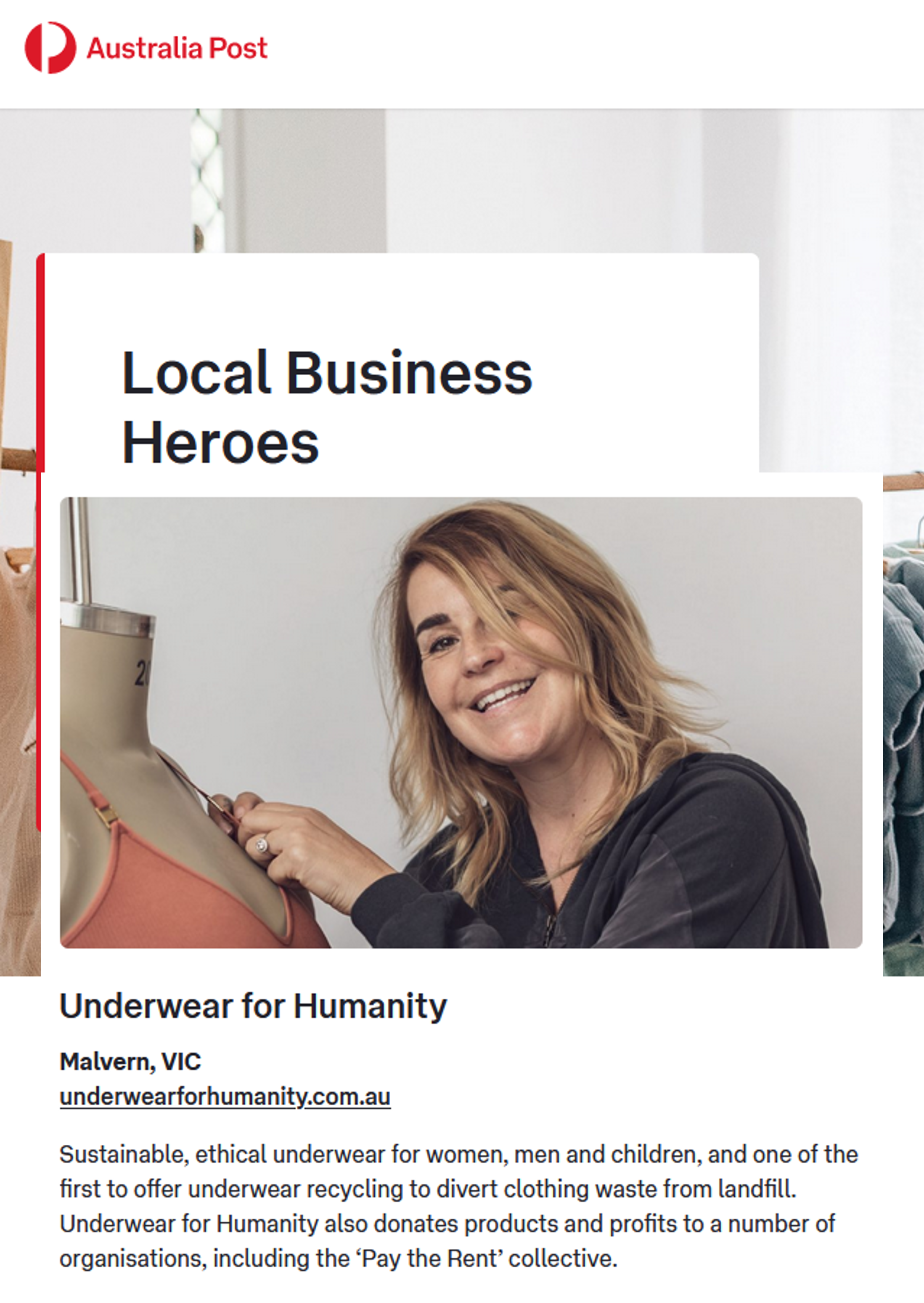 Underwear for Humanity selected by Australia Post as one of 2022 Local Hero Award Winners