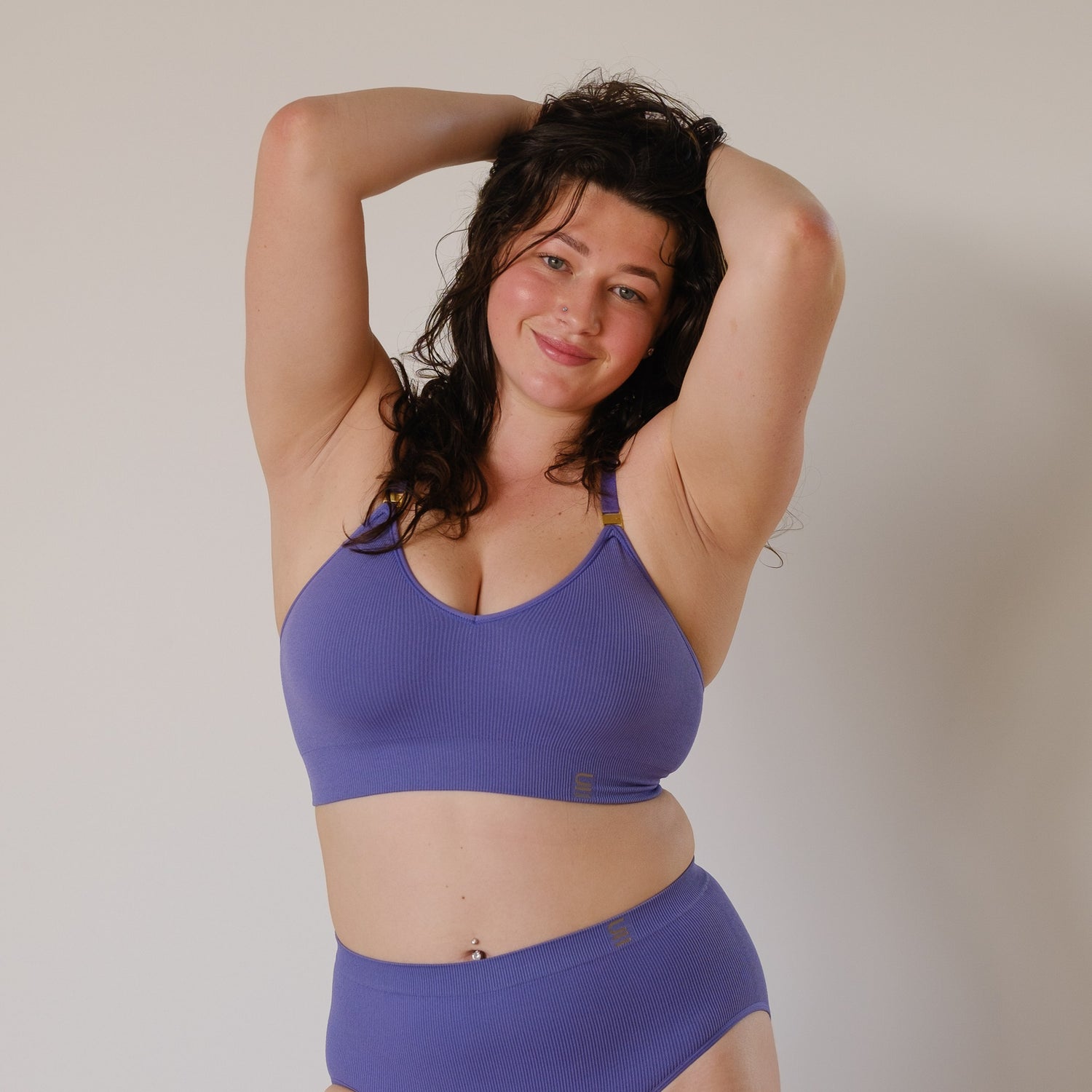 Sustainable, ethically produced haze wireless bra by Underwear for Humanity. A -D cup sizes. Recycled materials, flexible, supportive. Knitted bra and band, adjustable straps. Models wear the A-D bra.
