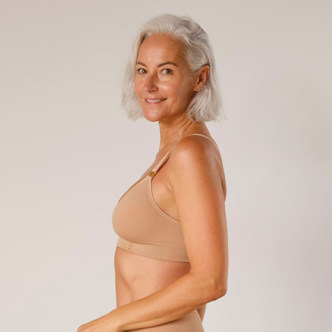Sustainable, ethically produced Nude 3- light beige skin tone wireless bra by Underwear for Humanity. A -D cup sizes. Recycled materials, flexible, supportive. Knitted bra and band, adjustable straps. Models wear the A-D bra.