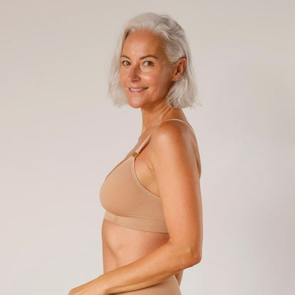 Sustainable, ethically produced Nude 3- light beige skin tone wireless bra by Underwear for Humanity. A -D cup sizes. Recycled materials, flexible, supportive. Knitted bra and band, adjustable straps. Models wear the A-D bra.