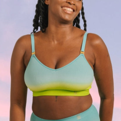 Sustainable, ethically produced OCEAN wireless bra by Underwear for Humanity. A -D cup sizes. Recycled materials, flexible, supportive. Knitted bra and band, adjustable straps. Models wear the A-D bra.