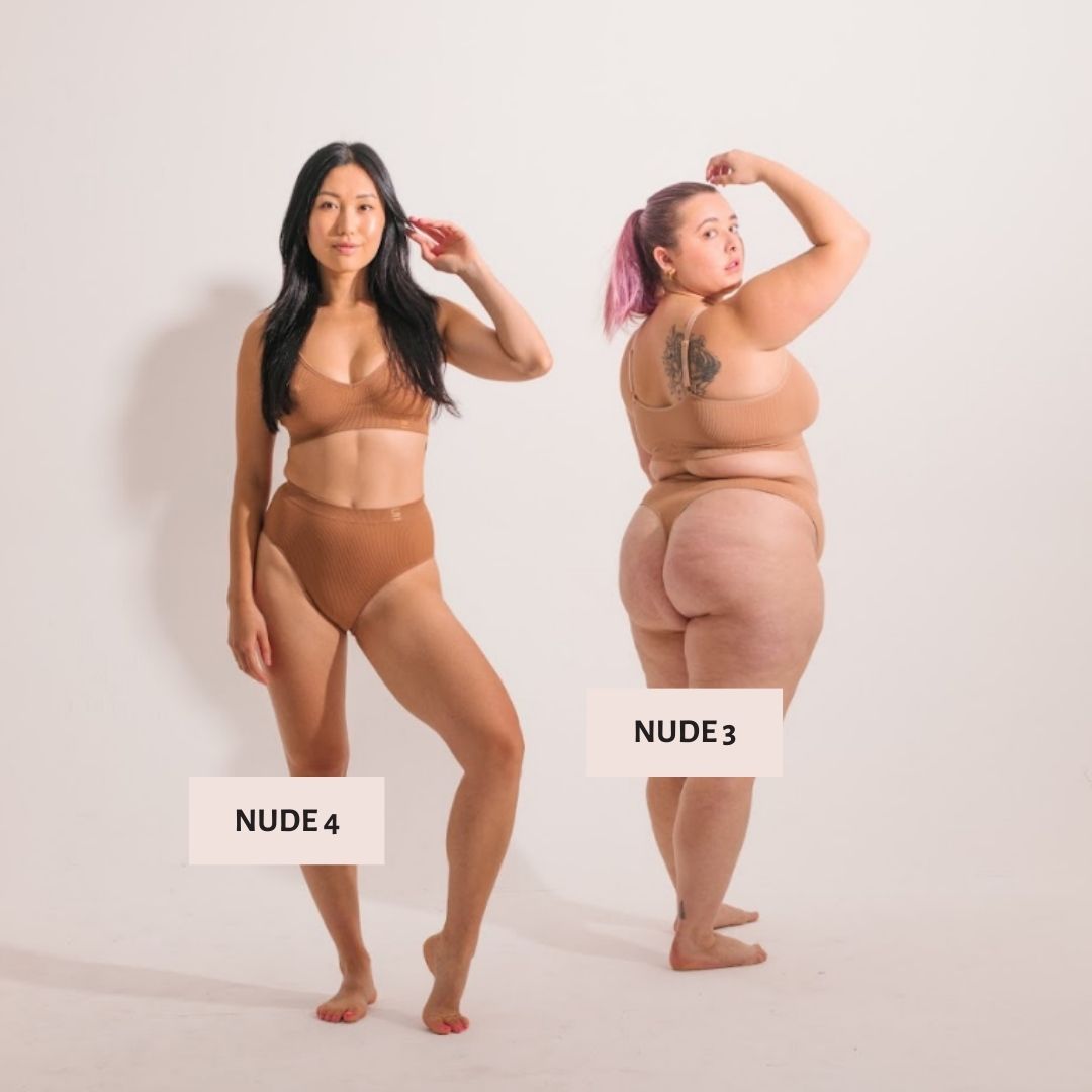 Sustainable, ethically made nude 4- tan olive skin tone, high waist seam free g-string by Underwear for Humanity: models wear Nude 3 and Nude 4 for colour comparison