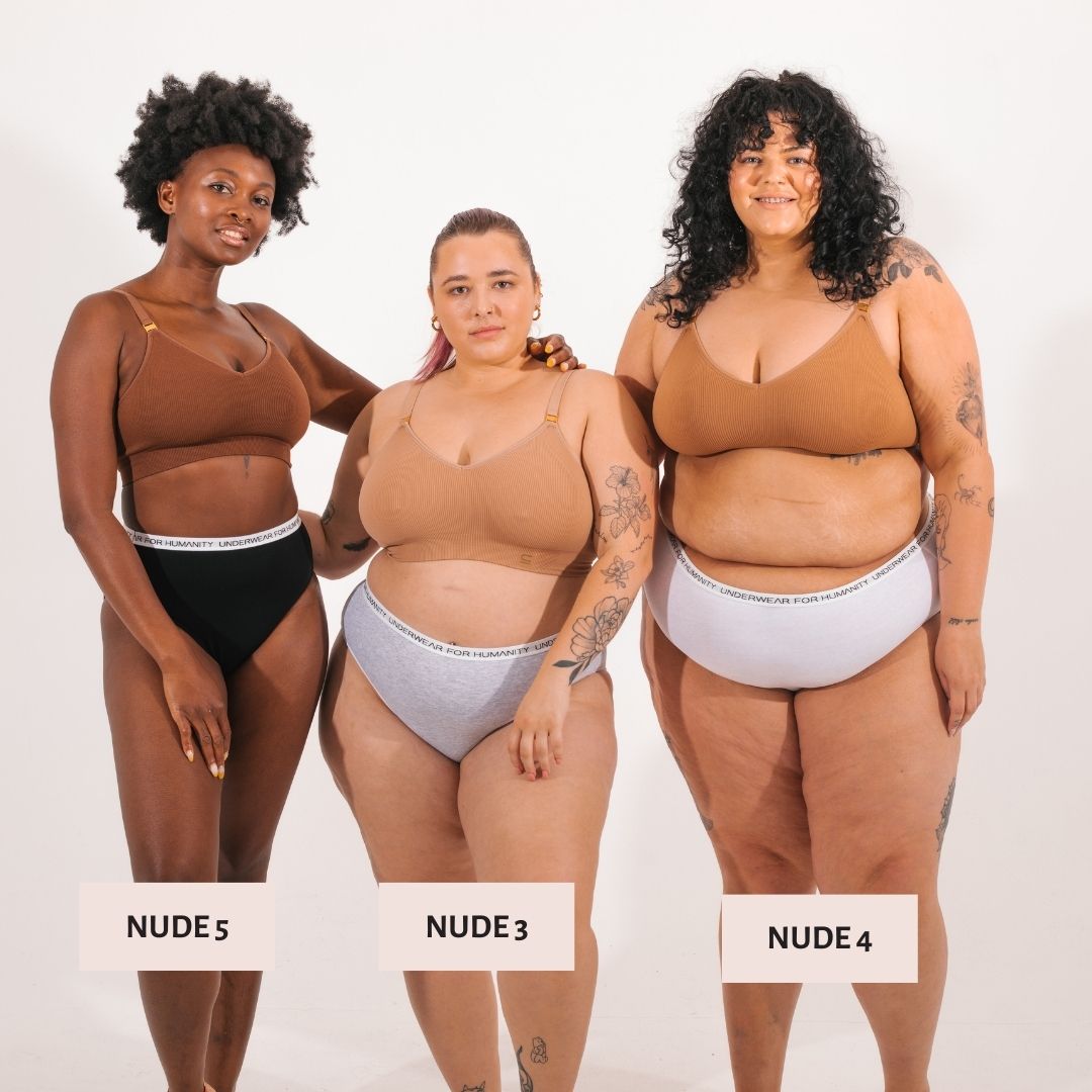 Models wear recycled nylon seamfree Underwear for Humanity nude 5, 3, 4 for comparison.