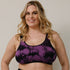 Sustainable, ethically produced black and orchid tie dye bra crop by Underwear for Humanity: stronger support for larger bust, D - GG cup sizes. Recycled materials, knitted bra and band, seamfree, made from recycled nylon. Models wear the D+ Crop