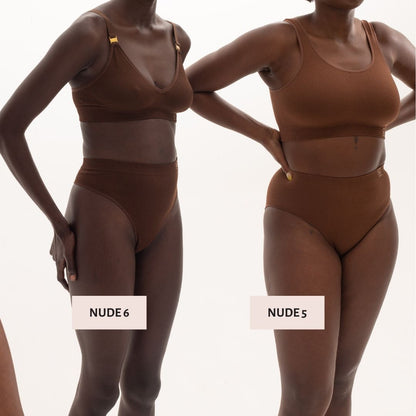 Models wear sustainable and ethically made Nude 5 and 6 underwear range by underwear for humanity in comparison. 