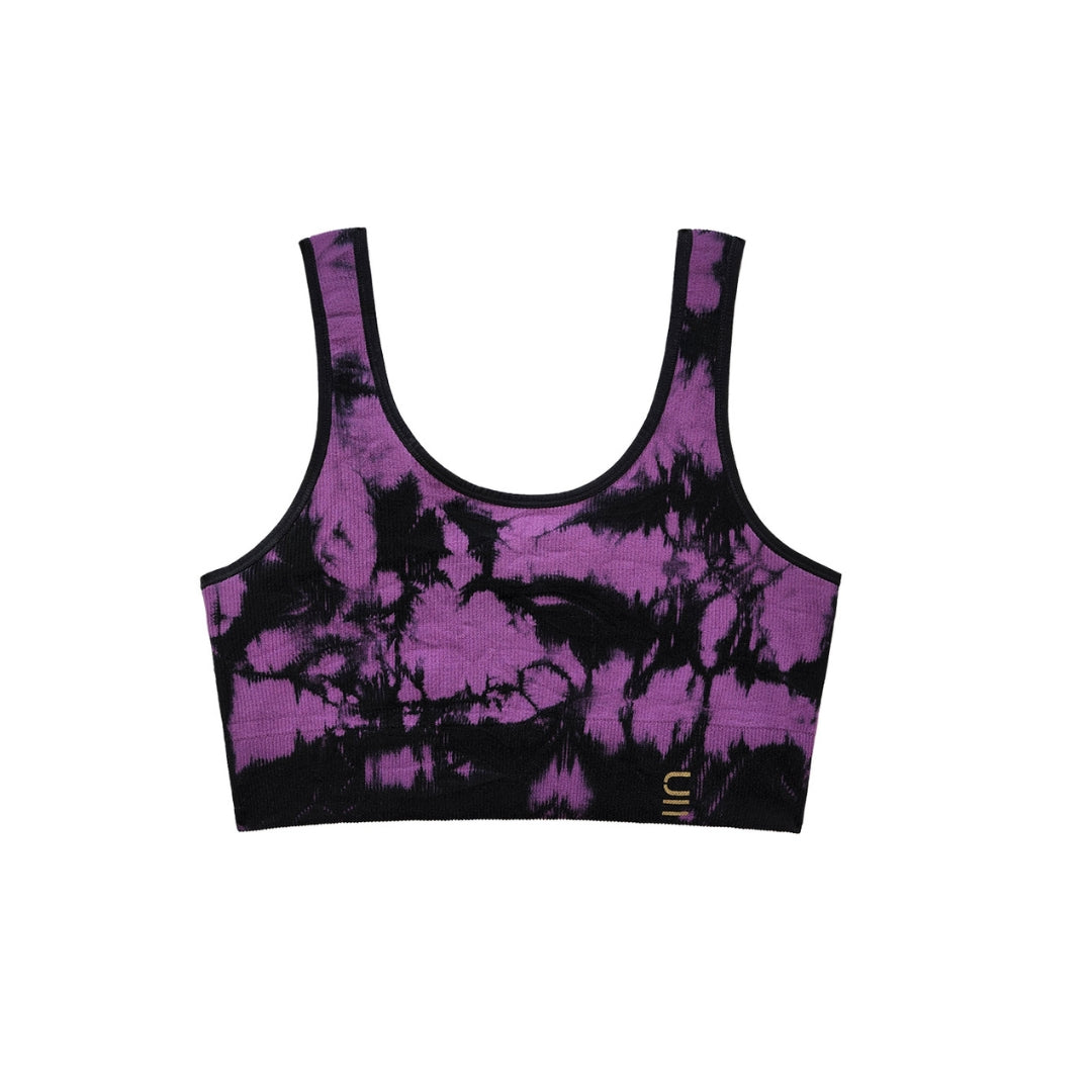 Sustainable, ethically produced black and orchid tie dye bra crop by Underwear for Humanity: stronger support for larger bust, D - GG cup sizes. Recycled materials, knitted bra and band, seamfree, made from recycled nylon. Models wear the D+ Crop