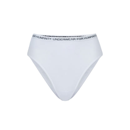 Underwear for Humanity, sustainable, organic and ethically made white cotton underwear. Soft , breathable, full coverage, sits high on waist. Model wears High waisted Cotton underwear in white with a white, recycled nylon elastic waist band.