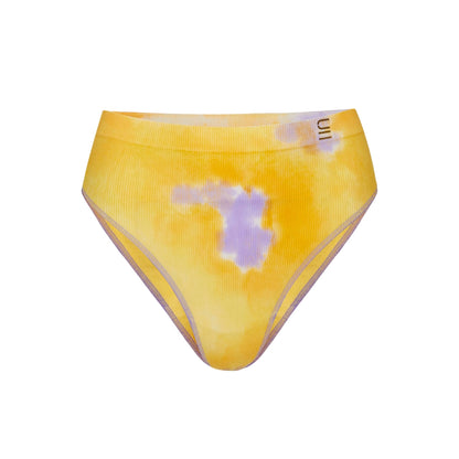 Front view of the sustainable sunrise yellow and purple tie dye seam free high waist brief by Underwear for Humanity: ethical, sustainable. sizes 6-26. light, breathable, stretches across sizes.