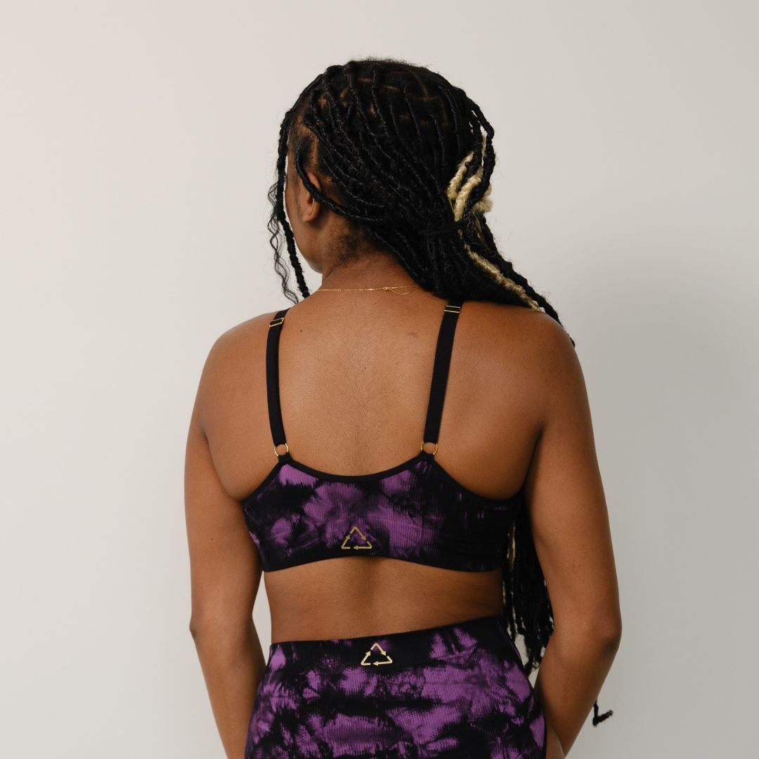 Sustainable, ethically produced tie dye black and orchid wireless bra by Underwear for Humanity. A -D cup sizes. Recycled materials, flexible, supportive. Knitted bra and band, adjustable straps. Models wear the A-D bra.