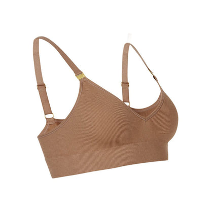 Sustainable, ethically produced COLOUR wireless bra by Underwear for Humanity. A -D cup sizes. Recycled materials, flexible, supportive. Knitted bra and band, adjustable straps. Side view of the A-D bra.