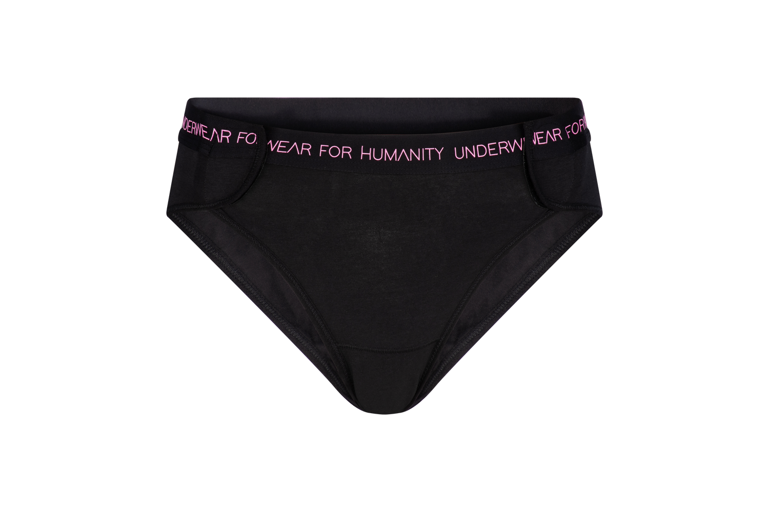 A women with pale skin and one are poses in Adaptive black organic cotton underwear. The underwear is made from organic cotton, has velcro closures on each side. 