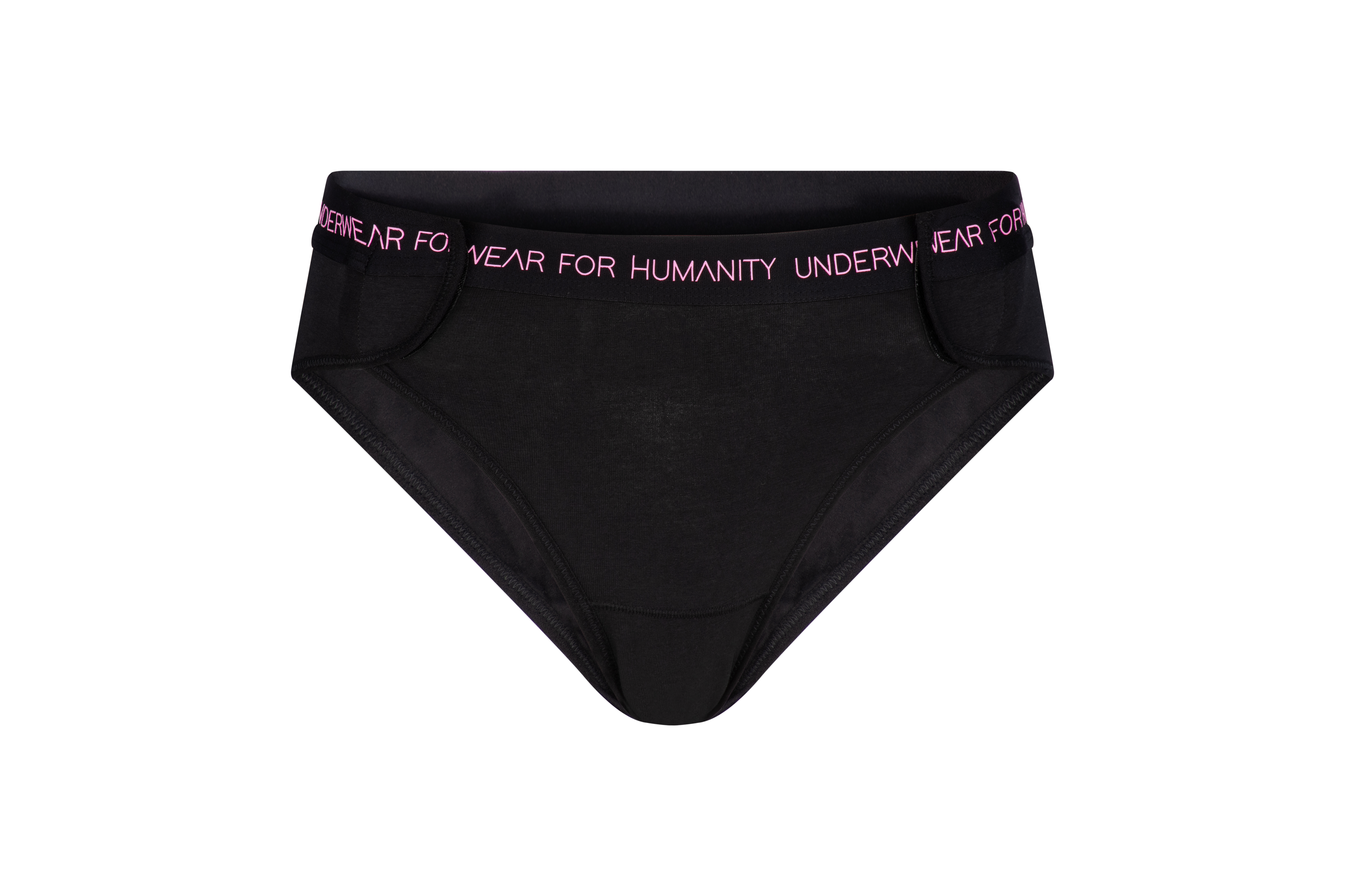 A women with pale skin and one are poses in Adaptive black organic cotton underwear. The underwear is made from organic cotton, has velcro closures on each side. 