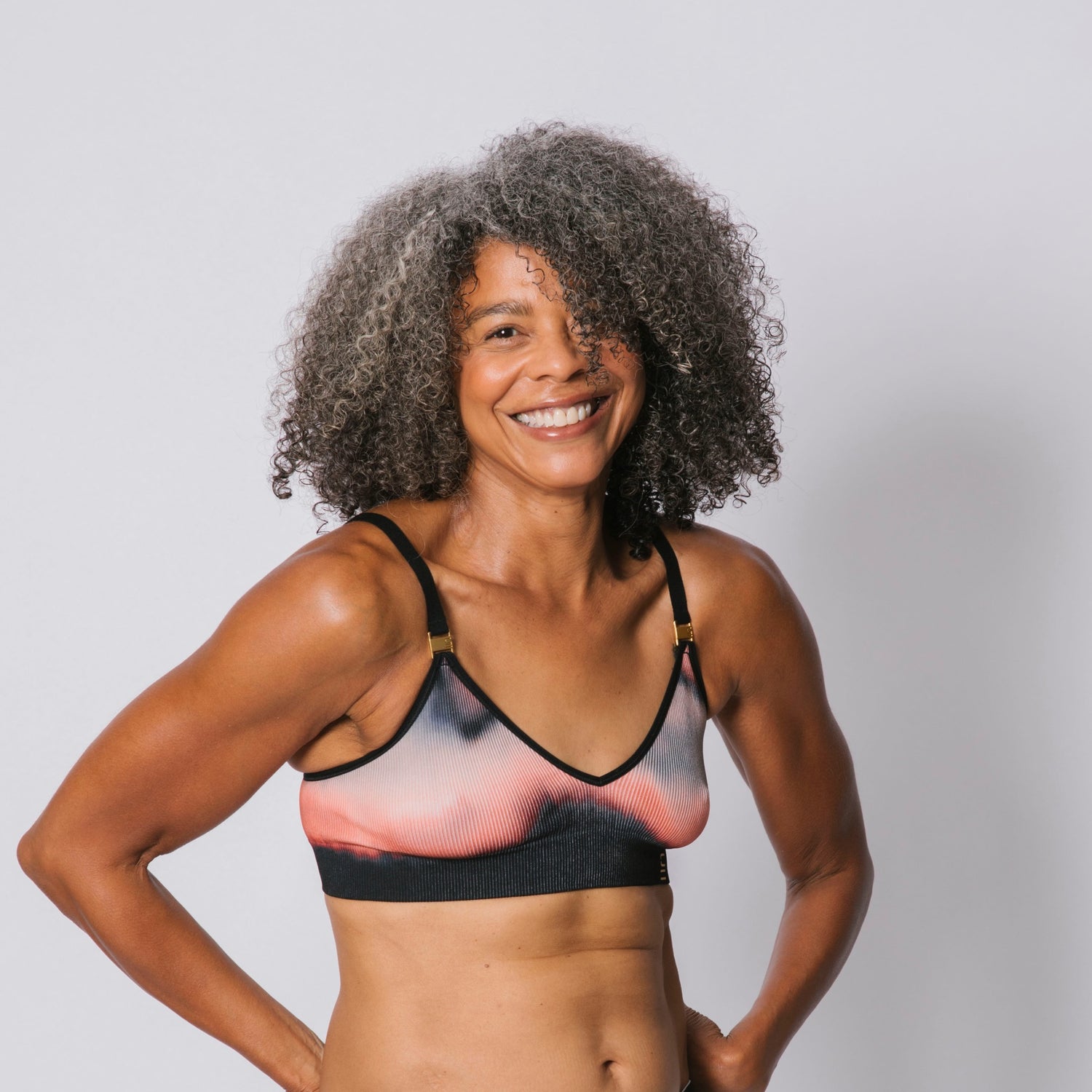 Sustainable, ethically produced elements wireless bra by Underwear for Humanity. A -D cup sizes. Recycled materials, flexible, supportive. Knitted bra and band, adjustable straps. Models wear the A-D bra.

