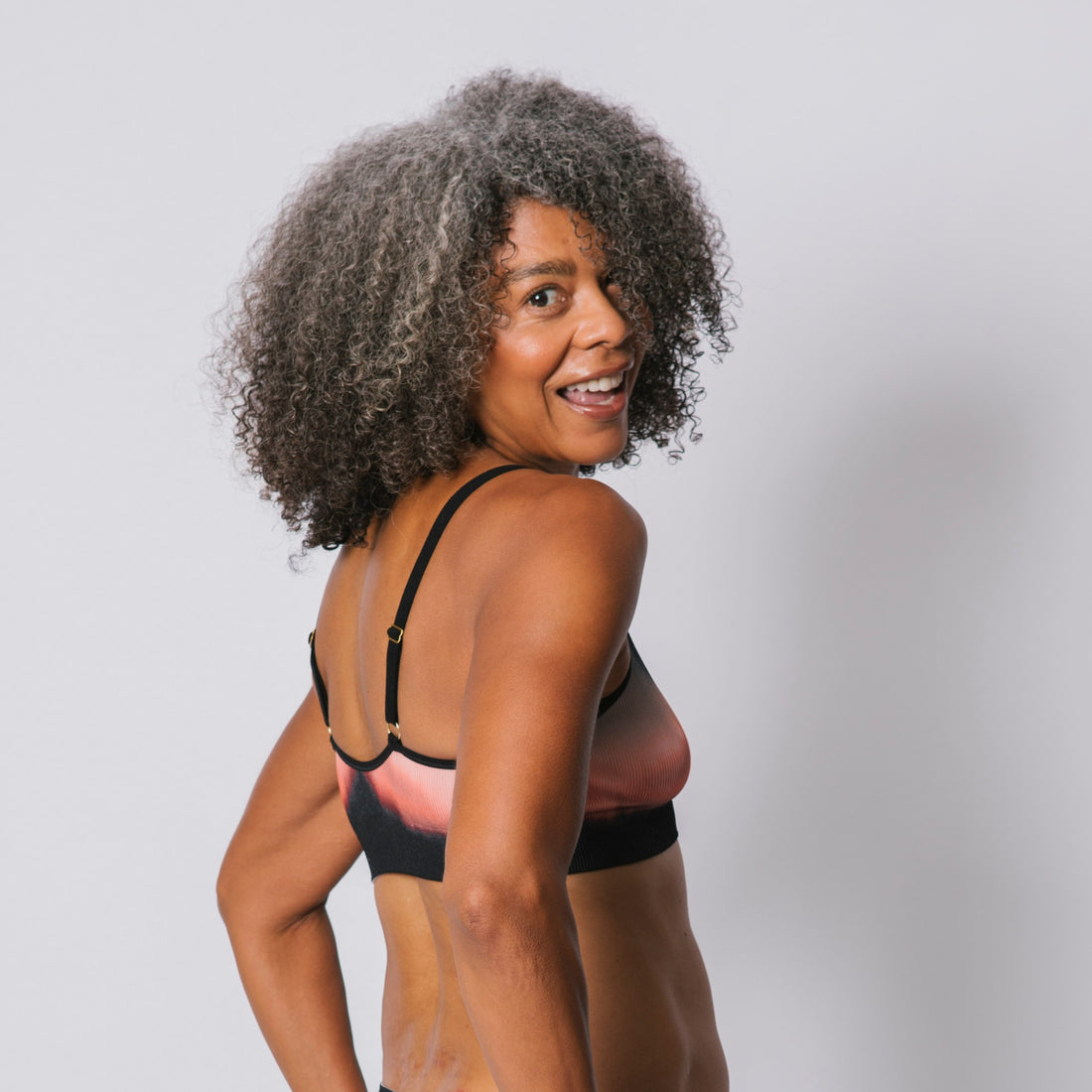 Sustainable, ethically produced elements wireless bra by Underwear for Humanity. A -D cup sizes. Recycled materials, flexible, supportive. Knitted bra and band, adjustable straps. Models wear the A-D bra.