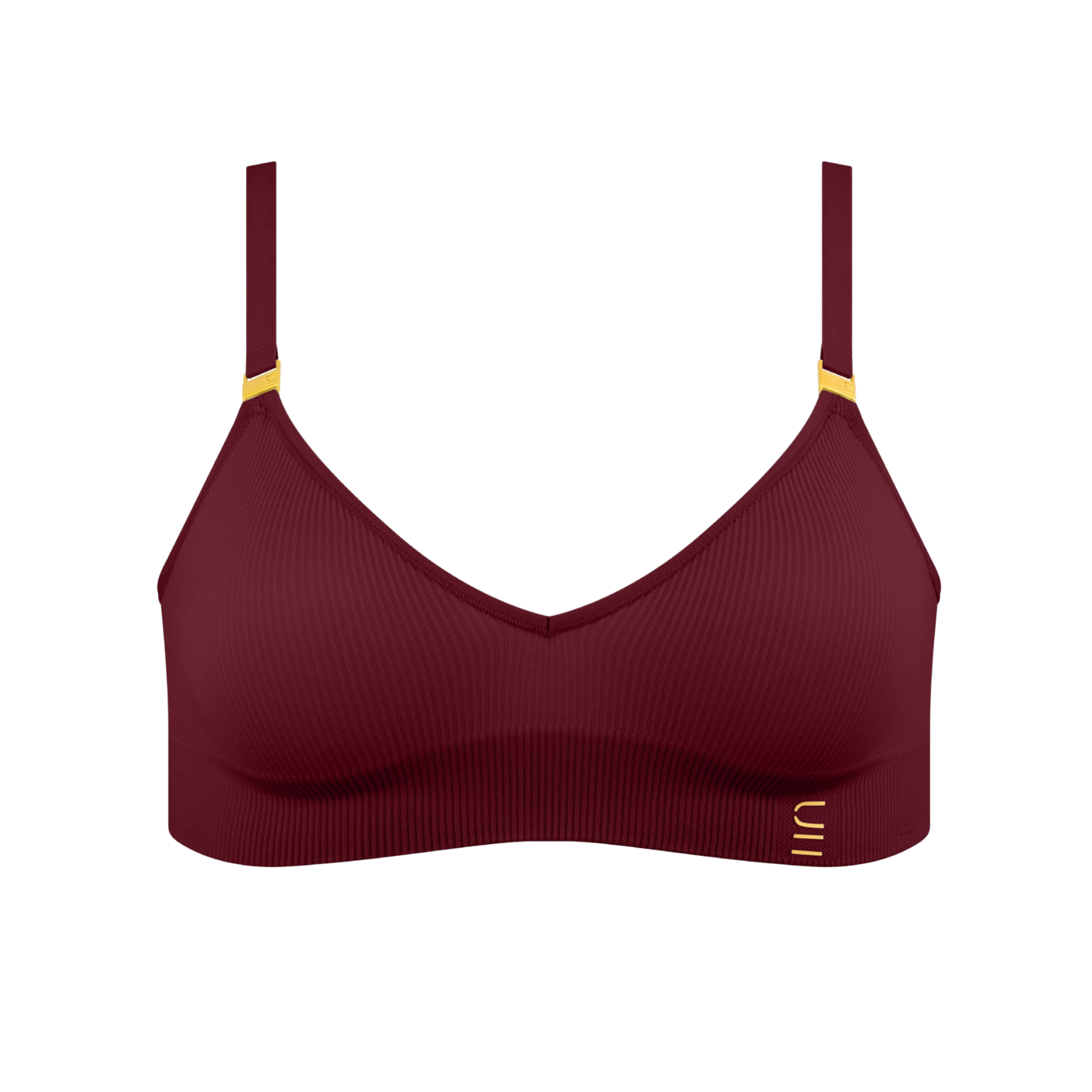 Sustainable, ethically produced Cranberry wireless bra by Underwear for Humanity. A -D cup sizes. Recycled materials, flexible, supportive. Knitted bra and band, adjustable straps. Models wear the A-D bra.