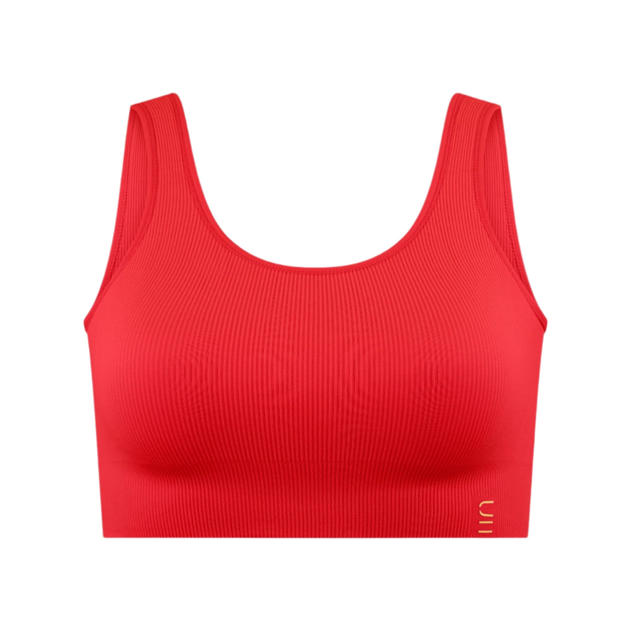 Sustainable, ethically produced flame bra crop by Underwear for Humanity: stronger support for larger bust, D - GG cup sizes. Recycled materials, knitted bra and band, seamfree, made from recycled nylon. Models wear the D+ Crop