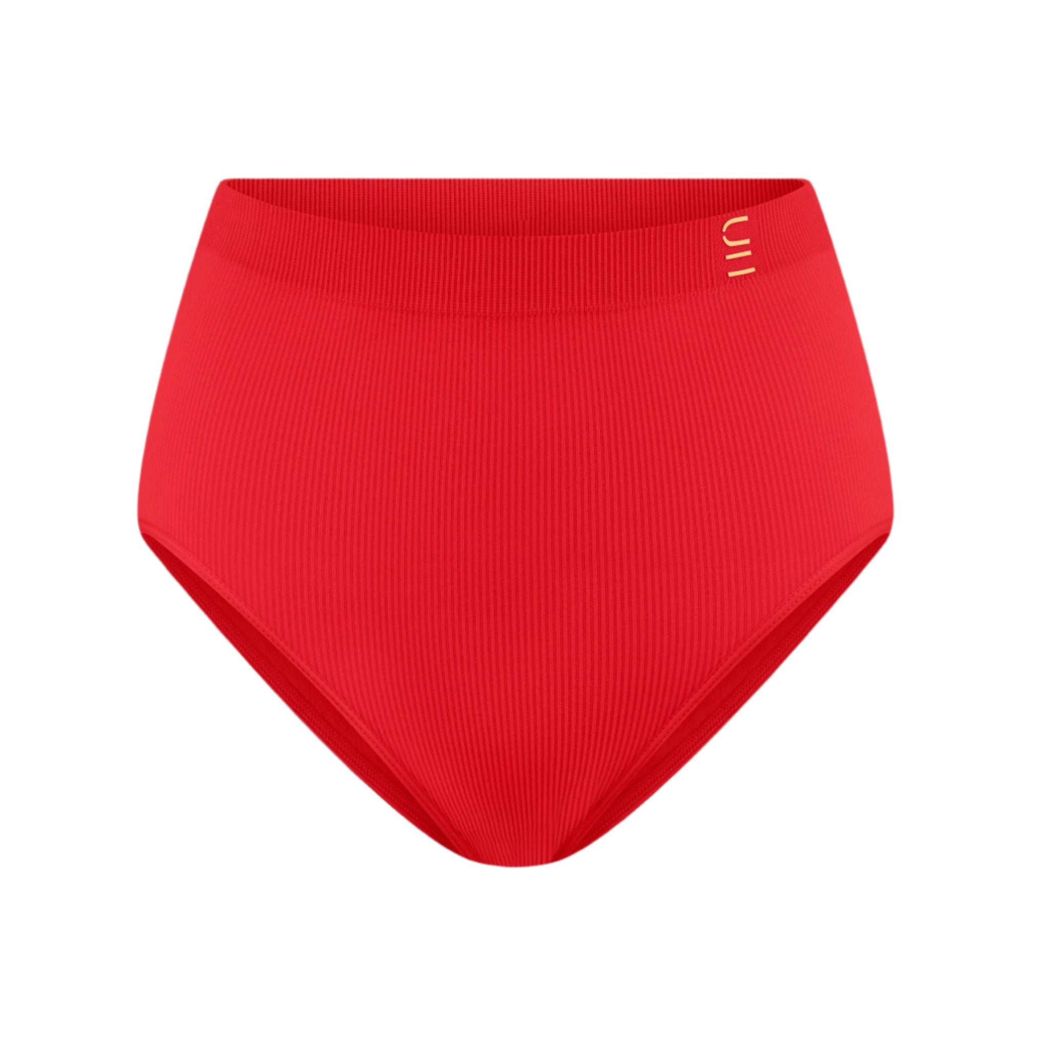 Sustainable red high waist brief by Underwear for Humanity: ethical, sustainable. sizes 6-30 light, breathable. Models wear high-waisted underwear. underwear sits high on the waist, full seat coverage. smooth under clothing. made from Tencel and recycled materials, attached no-dig recycled elastic waist band.