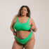 Sustainable, ethically produced apple bra crop by Underwear for Humanity: stronger support for larger bust, D - GG cup sizes. Recycled materials, knitted bra and band, seamfree, made from recycled nylon. Models wear the D+ Crop