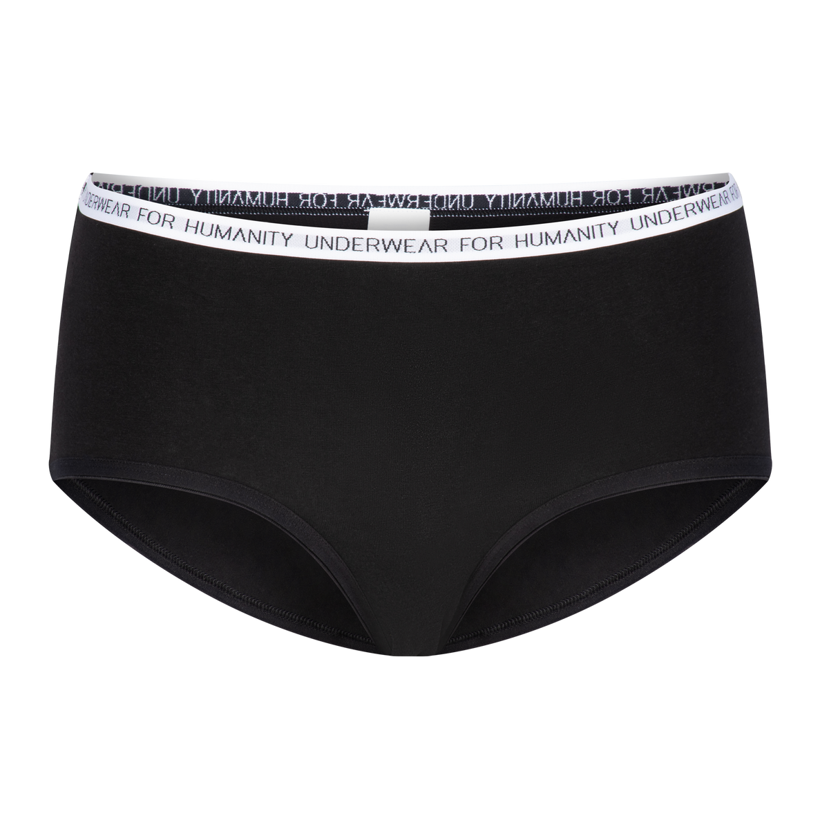 Underwear for Humanity Organic Cotton Midi Brief in Black, a lower-rise women’s underwear style with a lower-cut leg, soft breathable fabric and comfortable everyday coverage