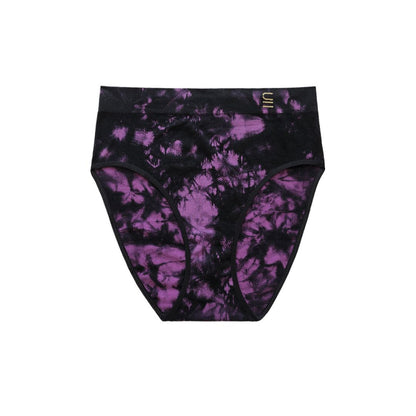 Front view of the high waist brief in black and orchid tie dye. made from soft sustainable recycled nylon. 