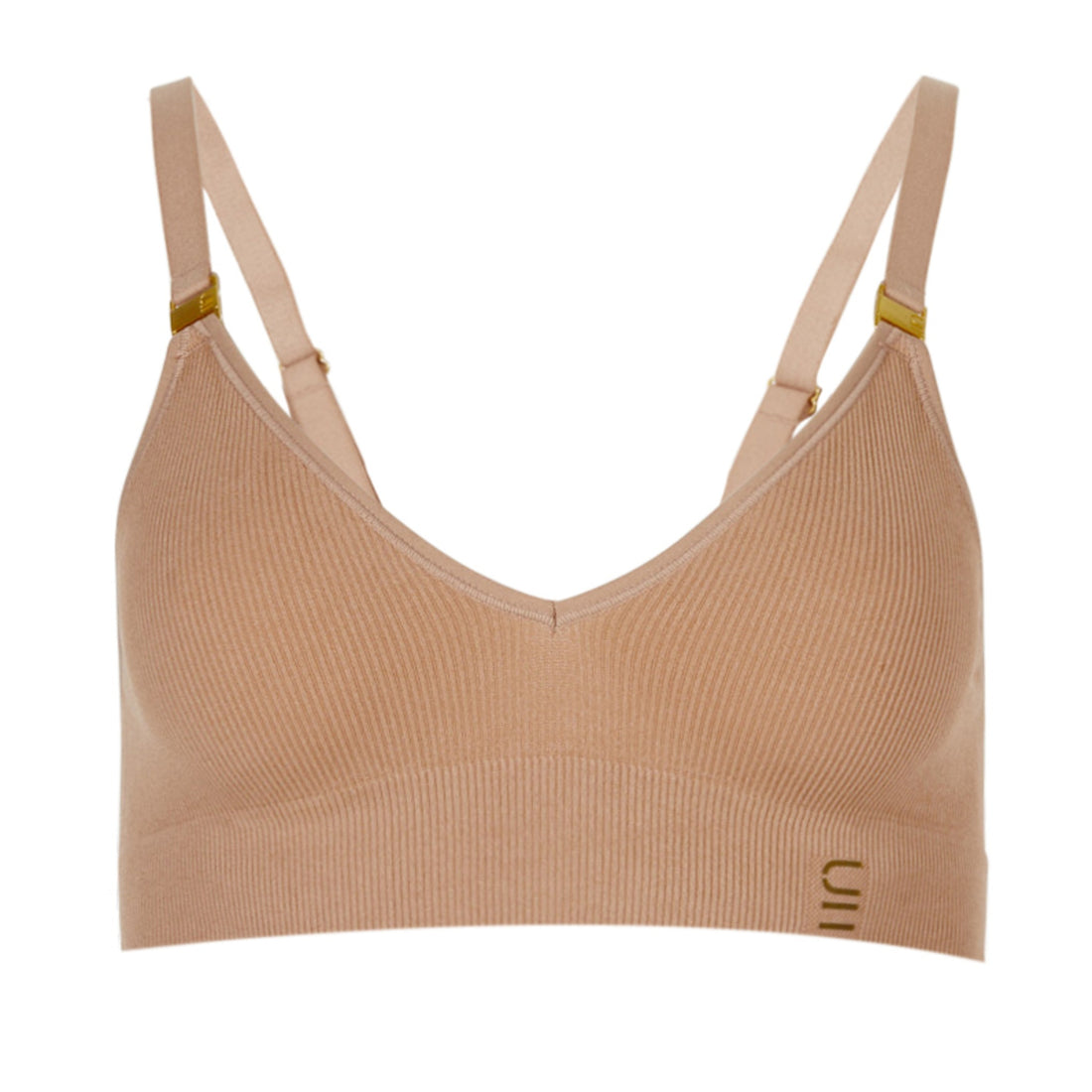 Sustainable, ethically made, atlantis wireless maternity bra by Underwear For Humanity. A -D and DD-GG cup sizes. Recycled materials, flexible, supportive, pregnancy, feeding, convertible. Knitted bra and band, adjustable straps. Model wears maternity bra