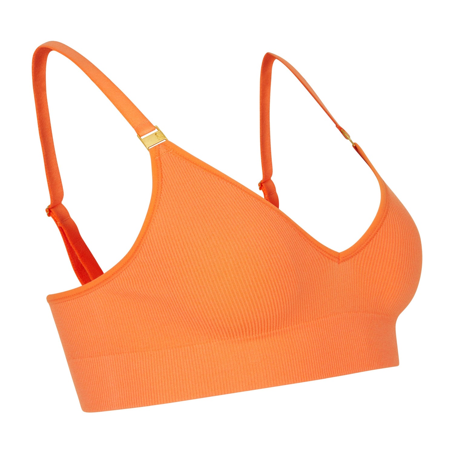 Sustainable, ethically produced mandarin wireless bra by Underwear for Humanity. DD+ cup sizes. Recycled materials, flexible, supportive. Knitted bra and band, adjustable straps. Models wear the DD+ bra.