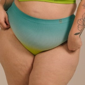 Sustainable, ethically made Ocean high waist seam free high waist brief by Underwear for Humanity: Flexible and comfortable, stretches across sizes. Models wear high waisted brief underwear. Underwear is made from recycled nylon and sits high on the waist, full seat coverage and smooth on the body.