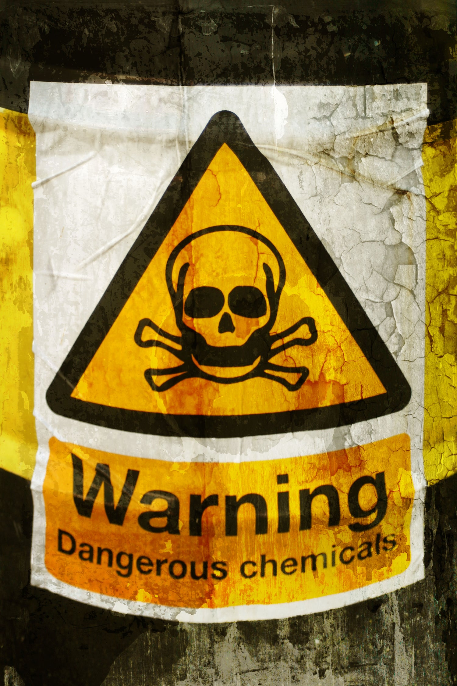 Side of container with warning sign with skull and bones that reads Warning: Dangerous Chemicals