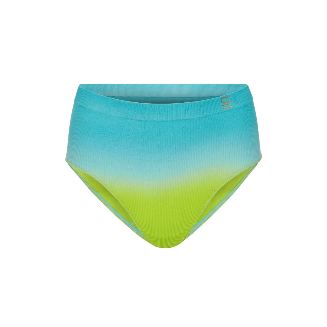 A front view of the high waist brief in ocean. made from recycled nylon, sustainable and ethically made
