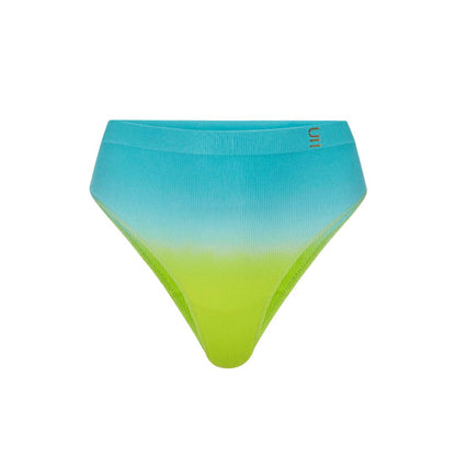 Sustainable, ethically made ocean - blue and green tie dye high waist seam free g-string by Underwear for Humanity: Flexible and comfortable, stretches across sizes. Models wear high-waisted G -string underwear.