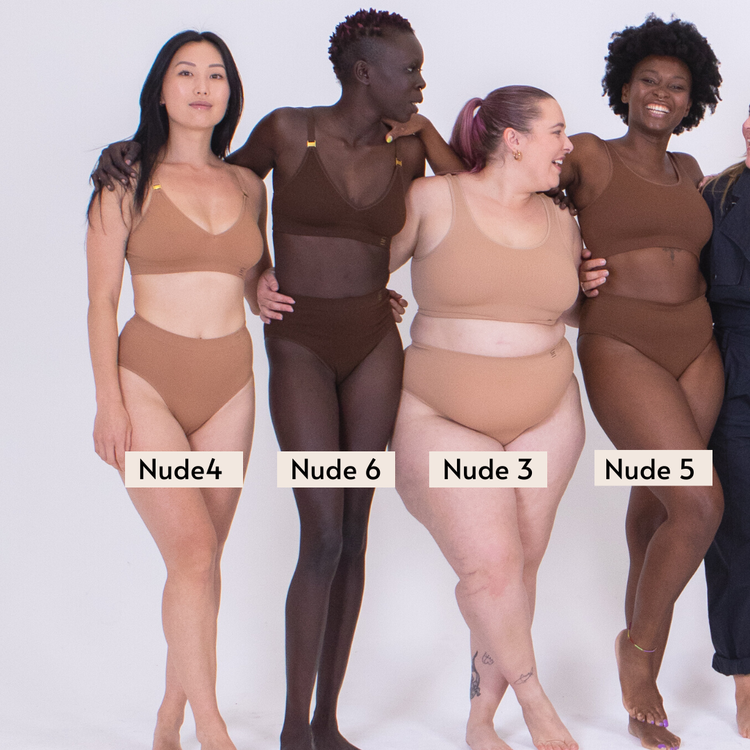 Models wear recycled nylon seamfree Underwear for Humanity nude range for comparison.