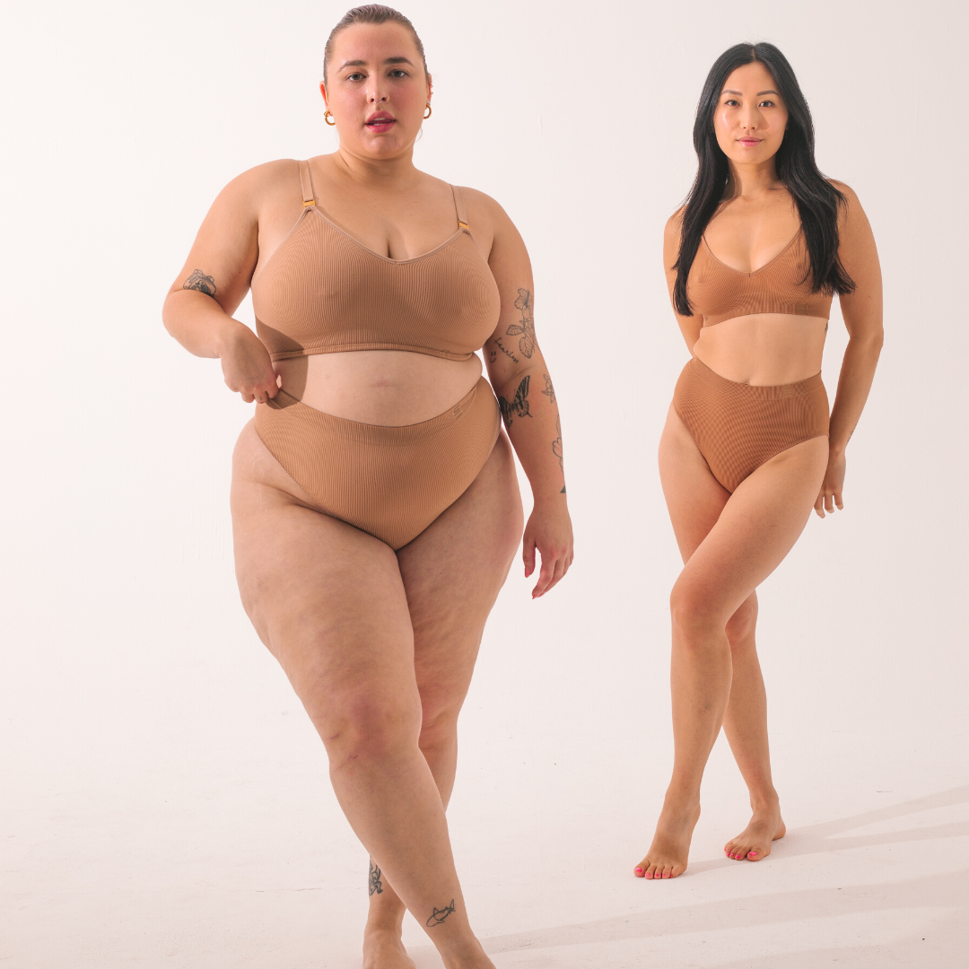 Two women wearing the nude range. one wear light beige nude 3 and the other wears tan olive nude 4