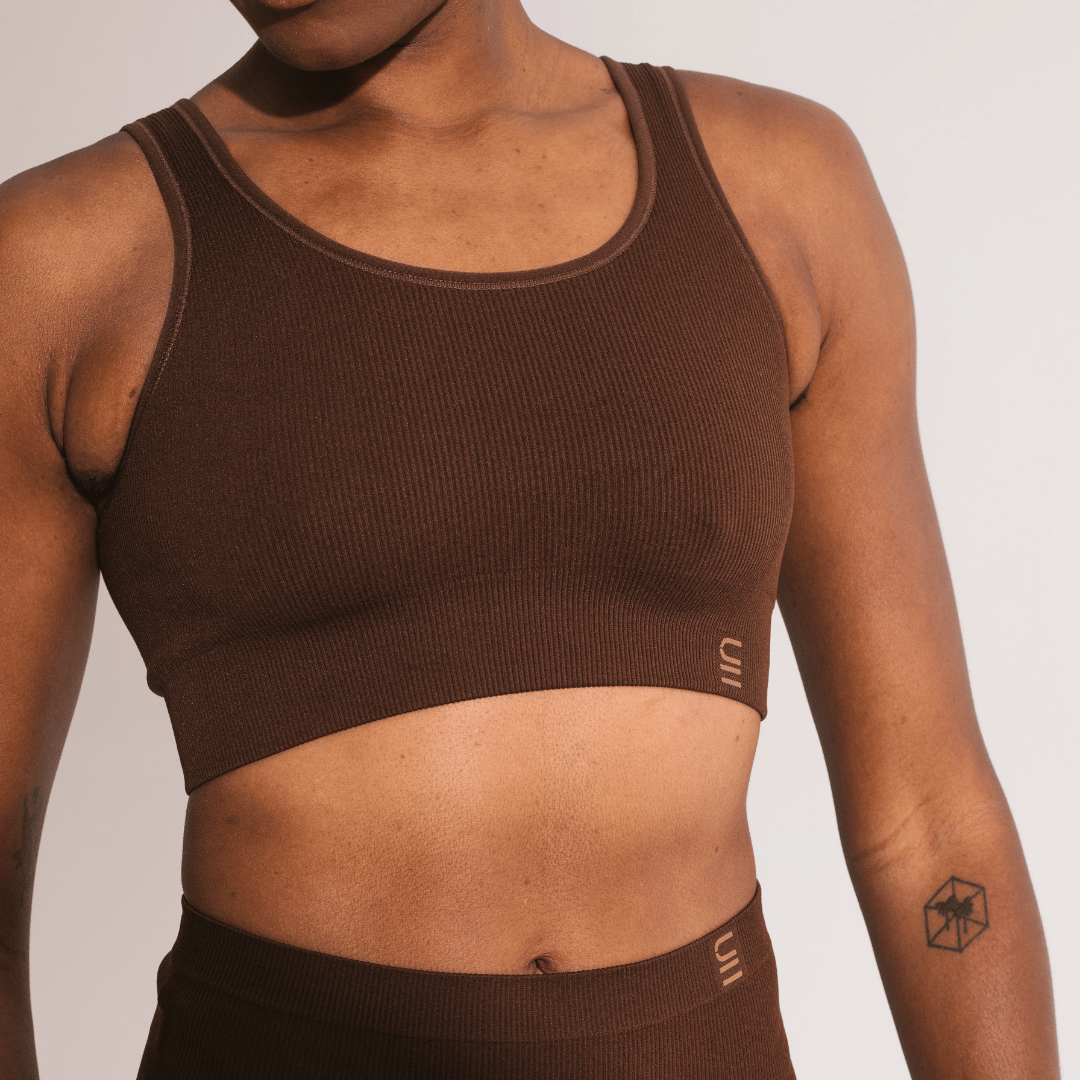 Sustainable, ethically produced Nude 6 - dark skin tone wireless bra by Underwear for Humanity. A -D cup sizes. Recycled materials, flexible, supportive. Knitted bra and band, adjustable straps. Models wear the A-D bra.