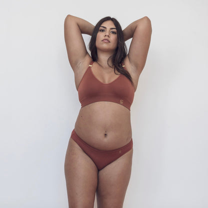 Sustainable clay bikini brief by Underwear for Humanity. ethical, sustainable. Lower rise, full coverage seat, soft tencel, breathable. 