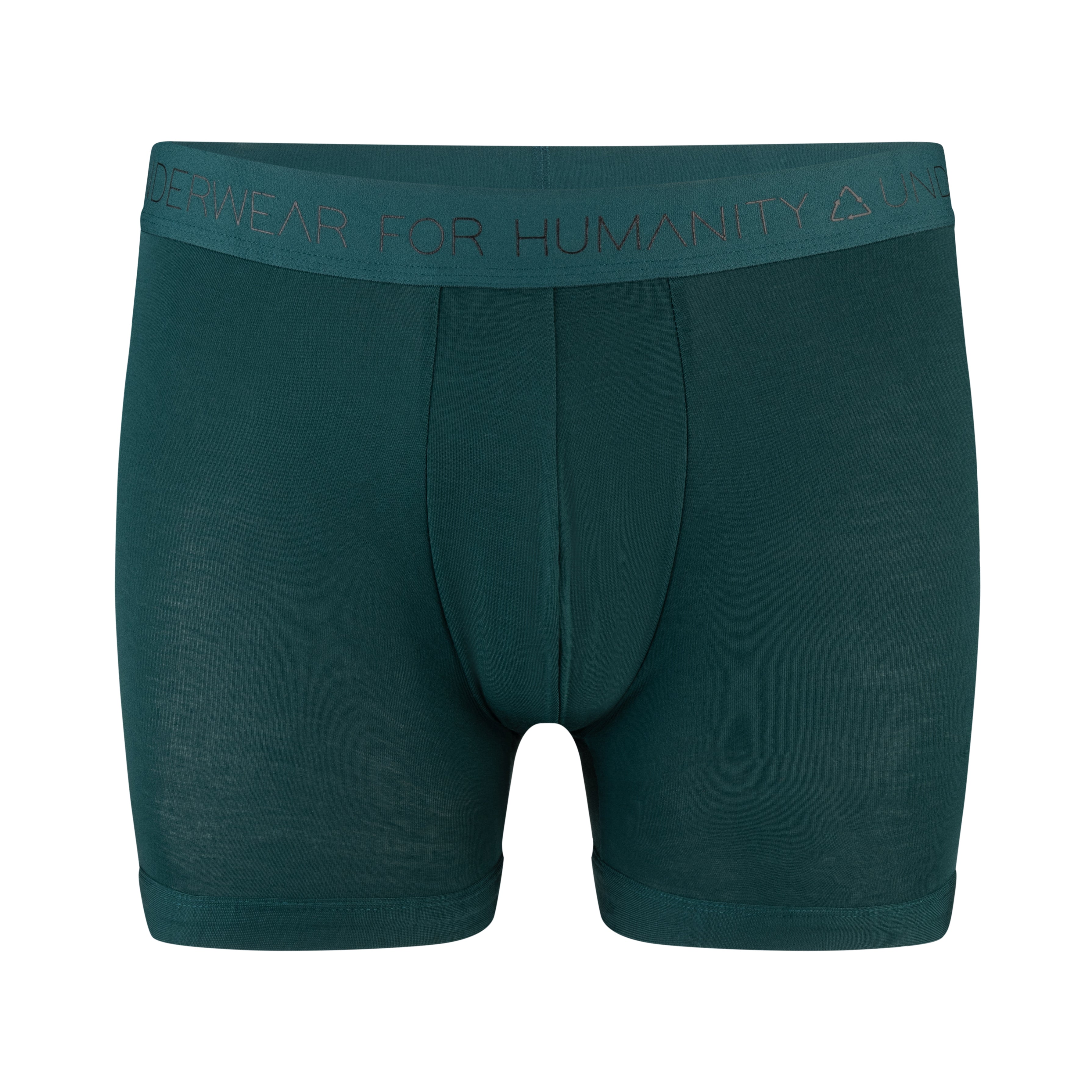 Sustainable, ethically made atlantis trunk style underwear. Long leg, wide thigh fit with elastic bind, no riding, cup support close to the body. made with tencel fabric and recycled elastic, thin, no dig waist band.front view of trunks